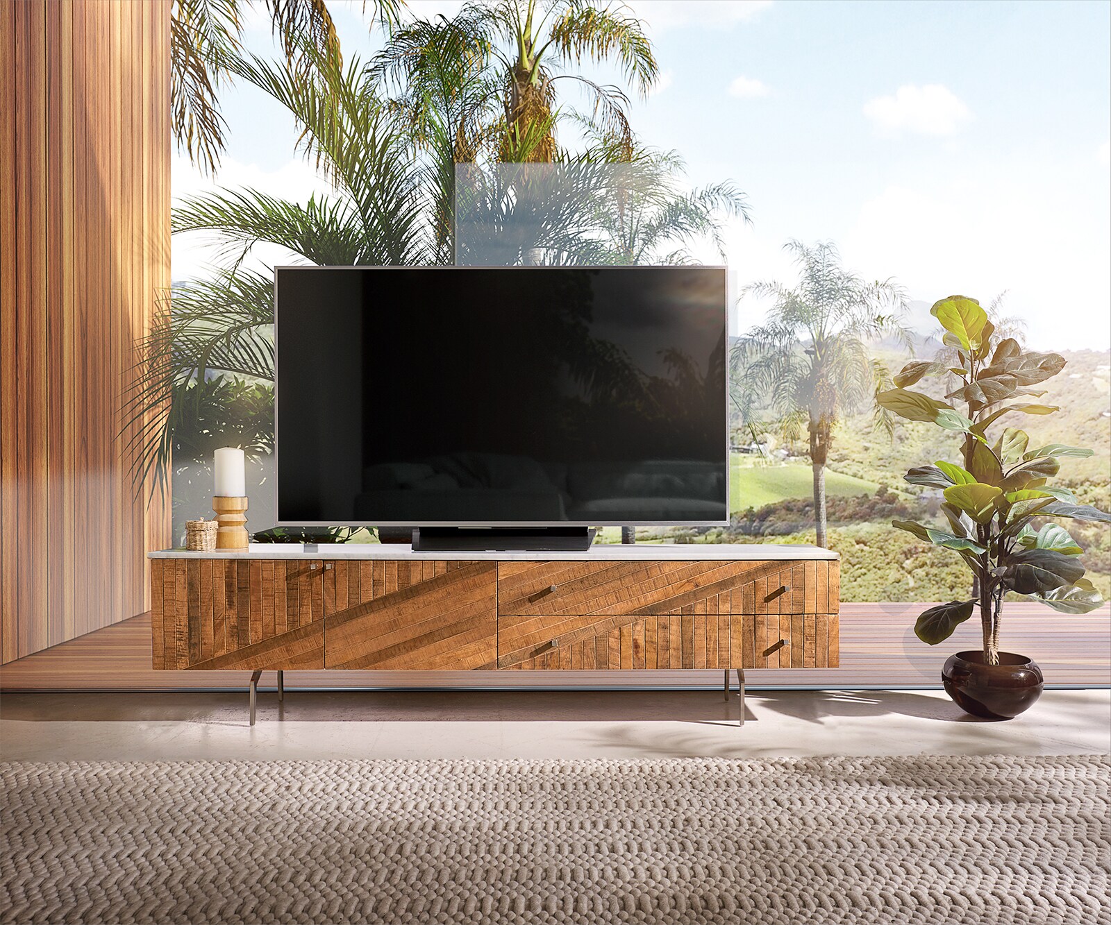 Tv-meubel Bahan 175 cm mango teak  2 deuren 2 schuifladen marmerblad wit hoekpoot edelstaal 2
