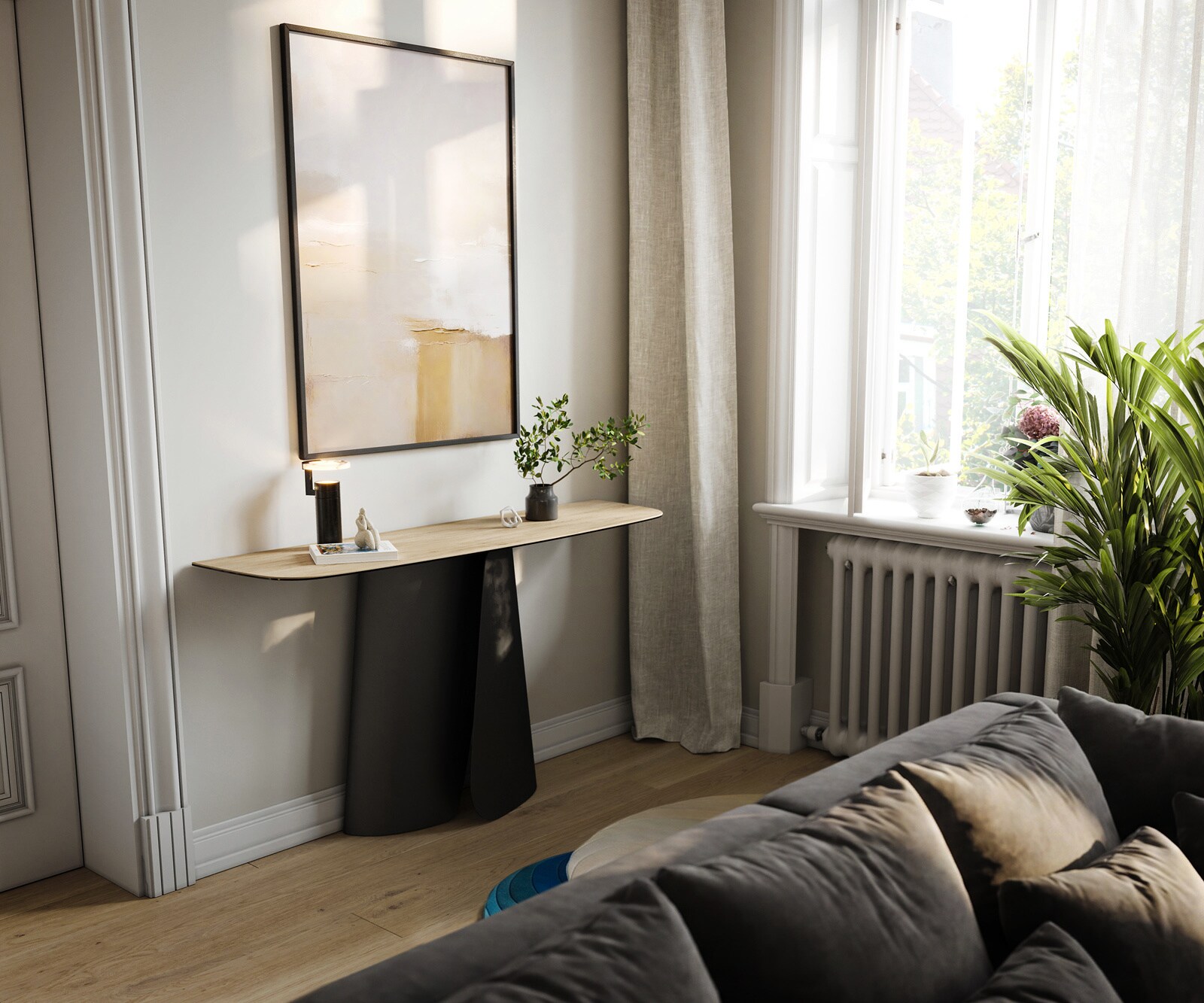 Consoletafel Edge Bootvorm 140x40 cm Keramiek Laminam® Sabbia Eichefarbig Livos Metaal Zwart 7