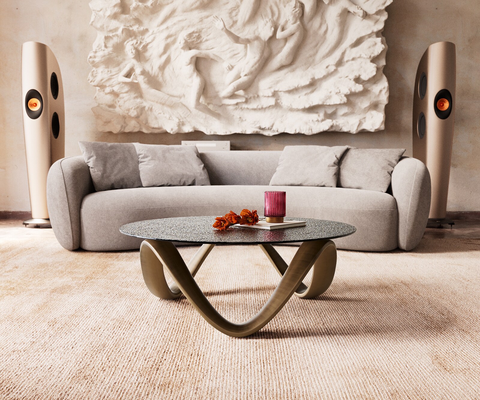 Salontafel Tanju 90x90 cm goud metallic met reliëfglas taupe 1