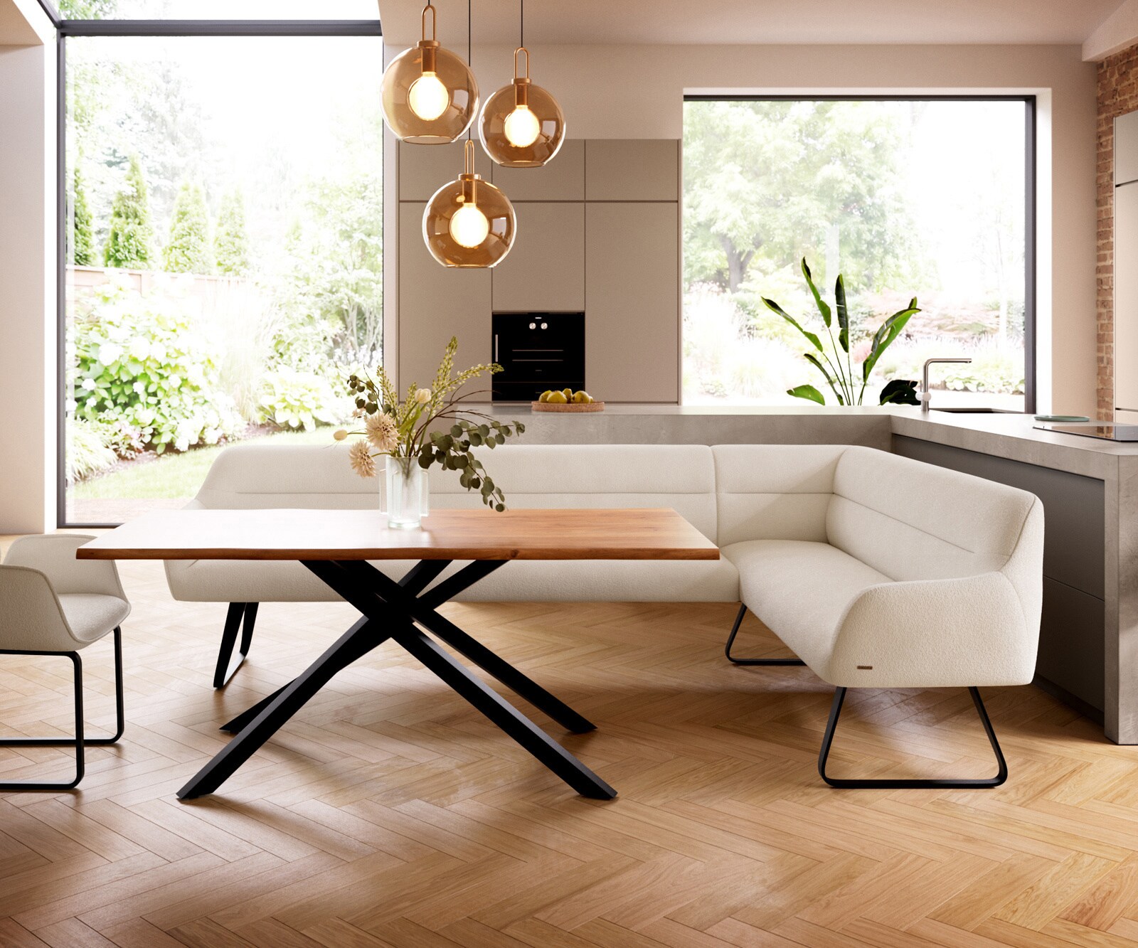 Eetkamerbank Taya-Flex 285x190 cm bouclé crème-wit platte sledebasis zwart pocketvering links 2