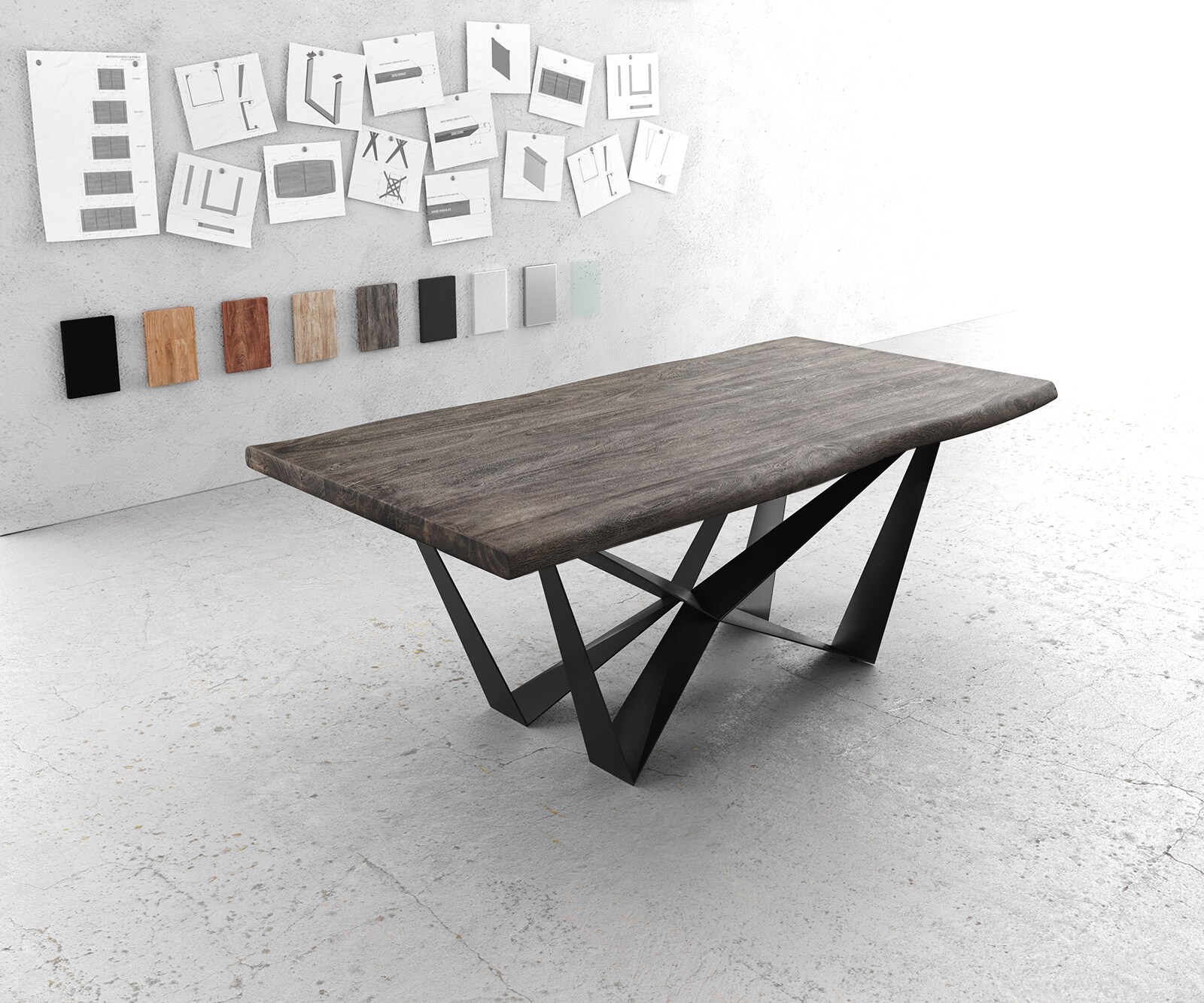Eettafel Edge 200x100 XL acacia platina Spider vlakstaal zwart Live-Edge