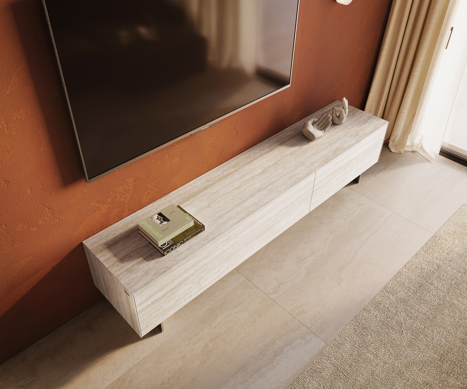 Tv-meubel Cuor 220 cm Keramiek Laminam® Travertino Bianco Crème-wit 1 Flap 2 Laden Zwevende voet look Roestvrij staal 4