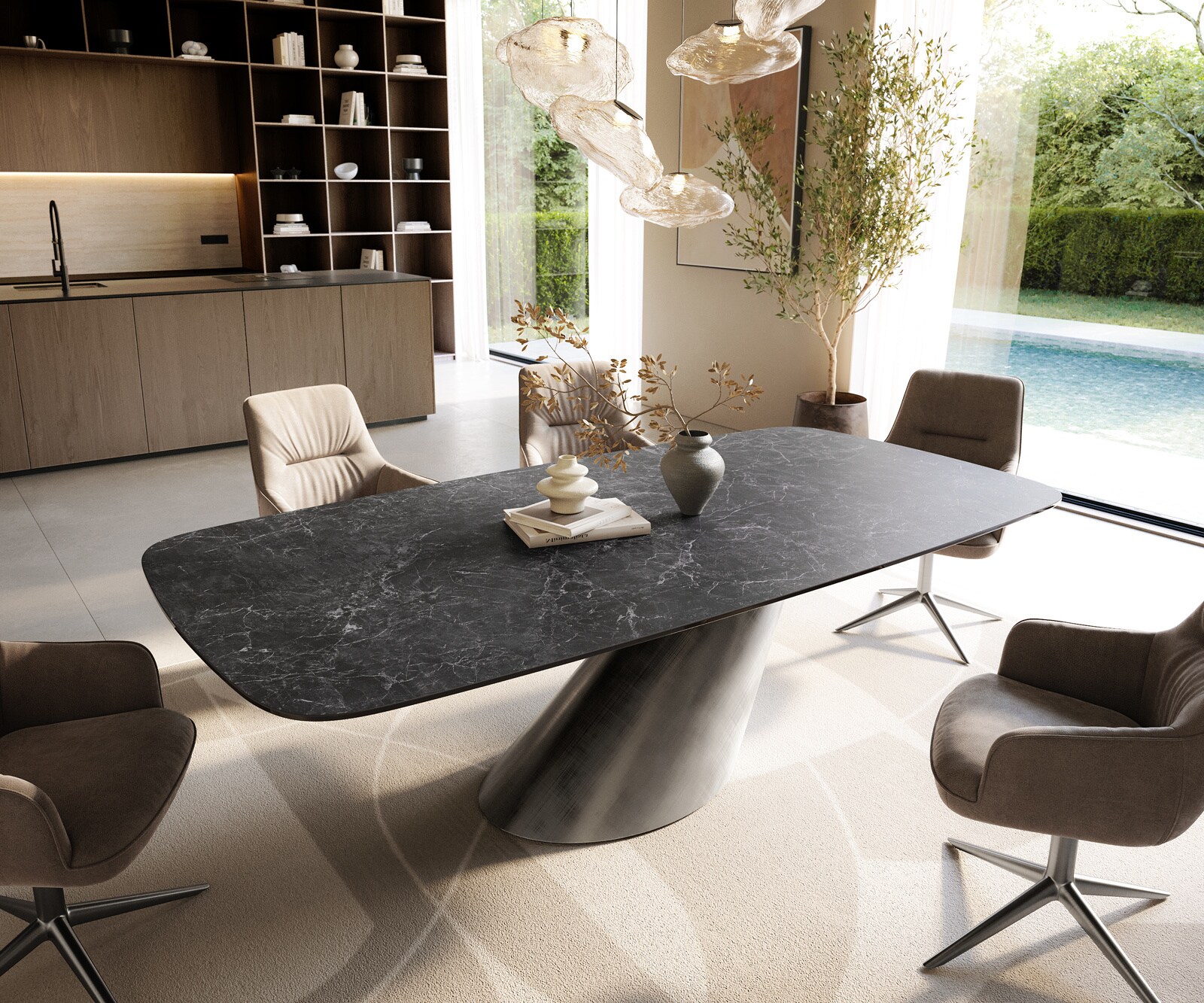 Eettafel Edge Boot 240x120 cm Keramiek Laminam® Nero Greco Anthrazit Cono Metaalic Zilver