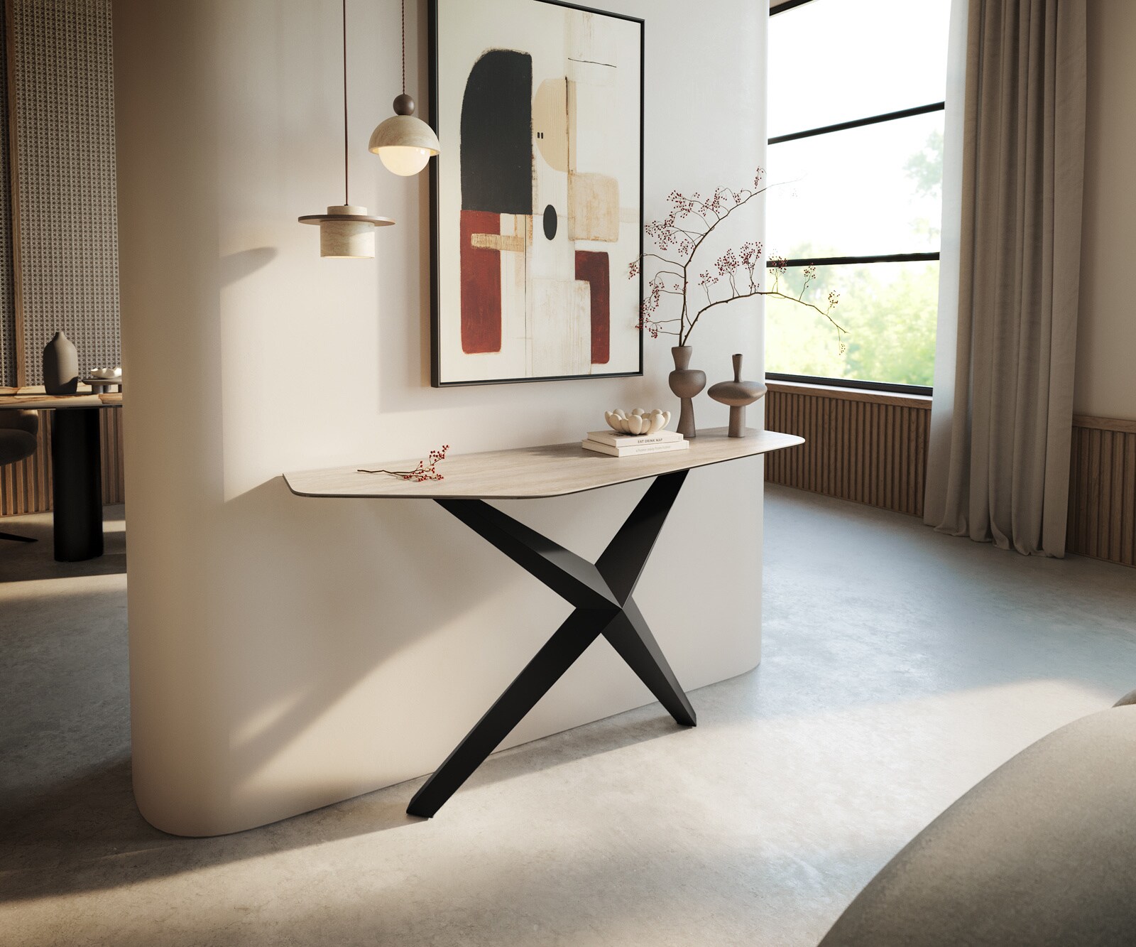 Consoletafel Edge Polygonaal 140x50 cm Keramiek Laminam® Travertino Bianco Creme-Weiß Zentharo Metaal Zwart 1