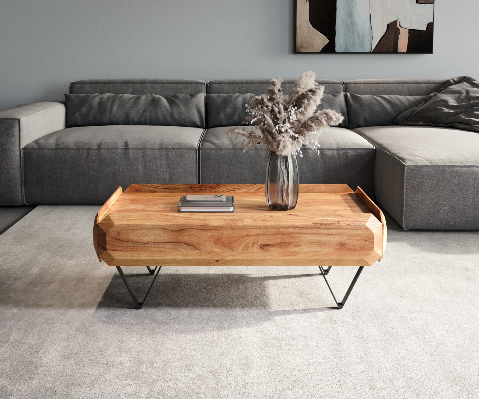 Salontafel Kiano 100x50 cm natuur acacia 2 laden V-poot zwart 1