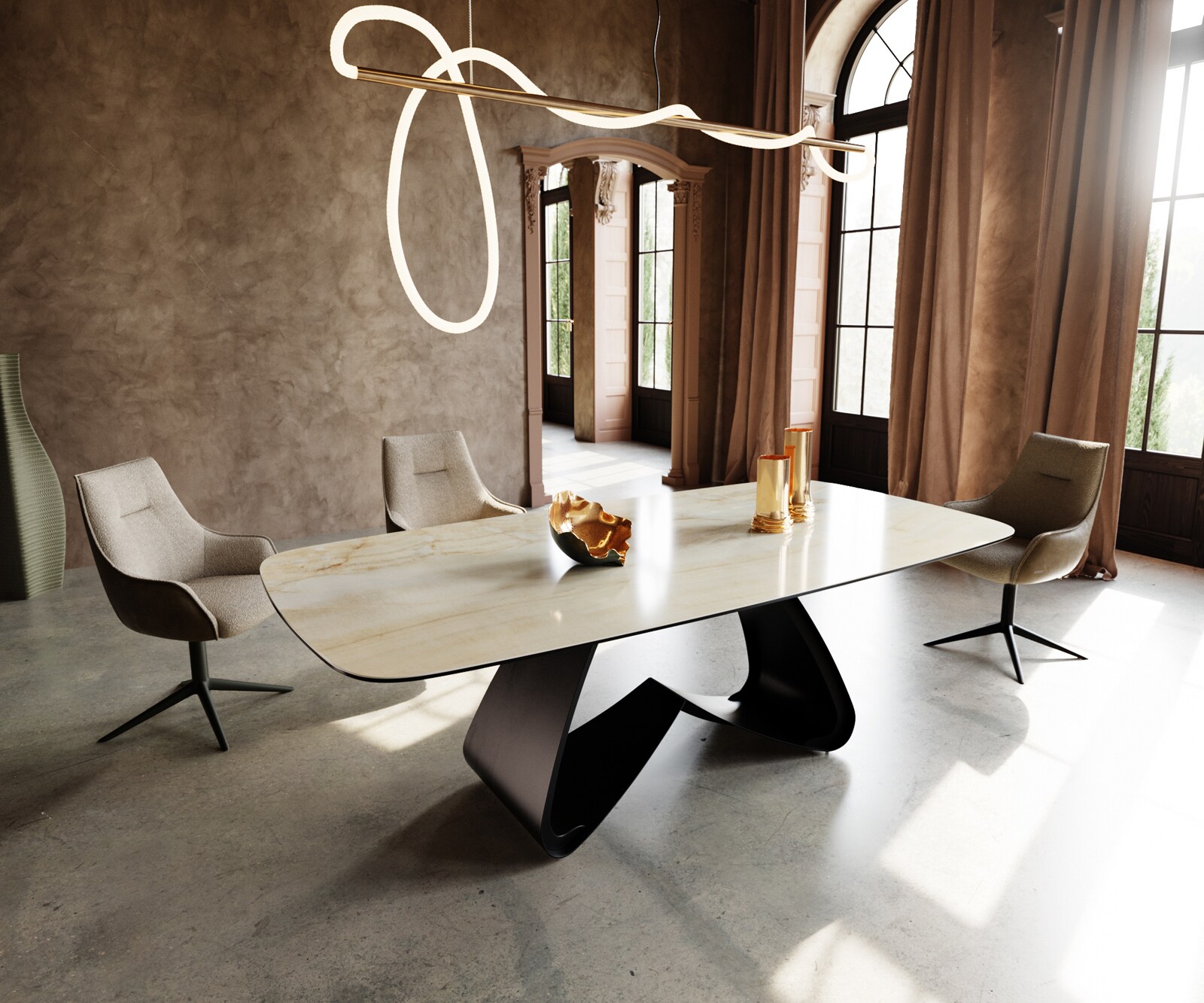 Eetkamertafel Edge Boot 240x120 cm Keramiek Iris FMG Onice Oro W-onderstel Metaal Zwart 1