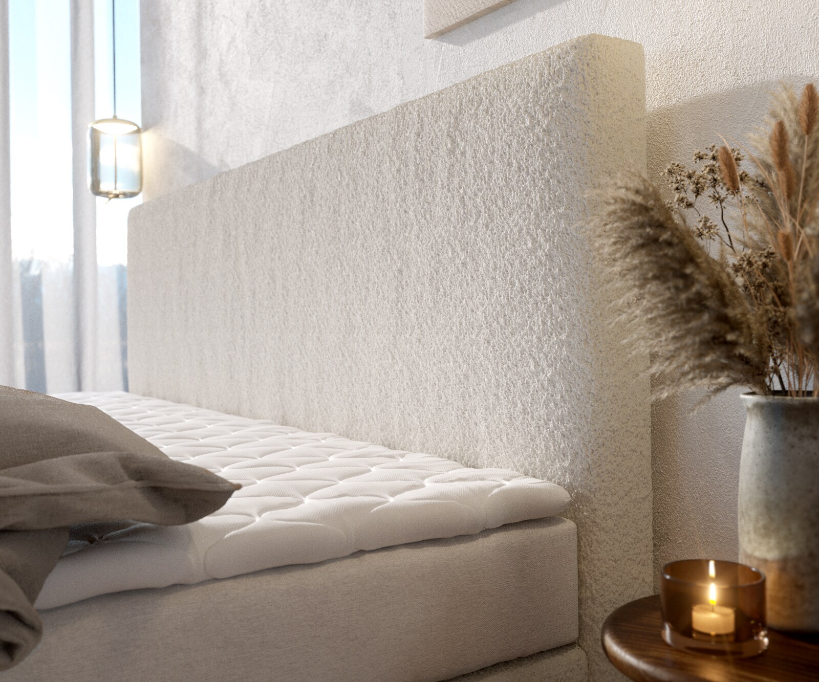 Boxspringbed Dream-Well Bouclé Crème-Wit 200x200 cm met Bonell-matras en PU-topper 4 Boxspringbed Dream-Well Bouclé Crème-Wit 200x200 cm met Bonell-matras en PU-topper 4