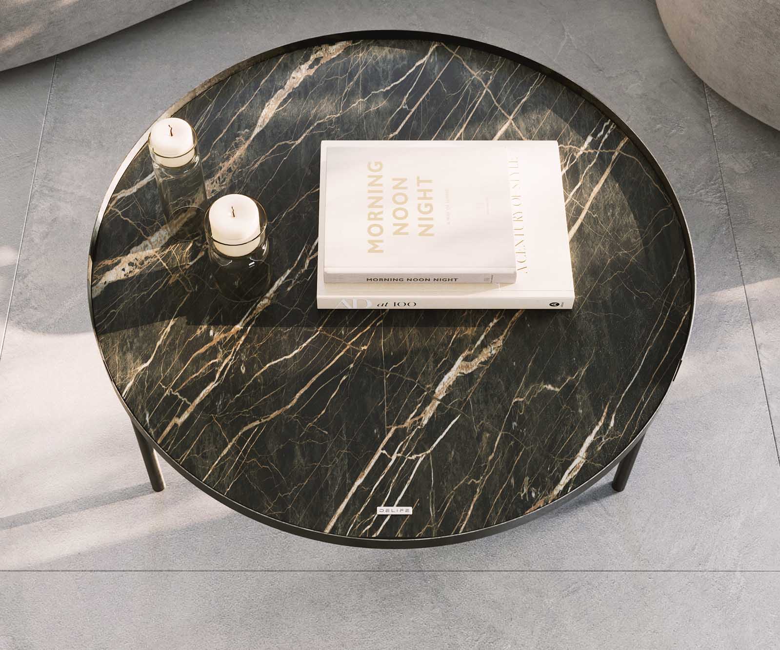 Salontafel Torell 80x80 cm keramiek Laminam®Noir Desir Bruin Metalen onderstel Effectafwerking Titanium 6