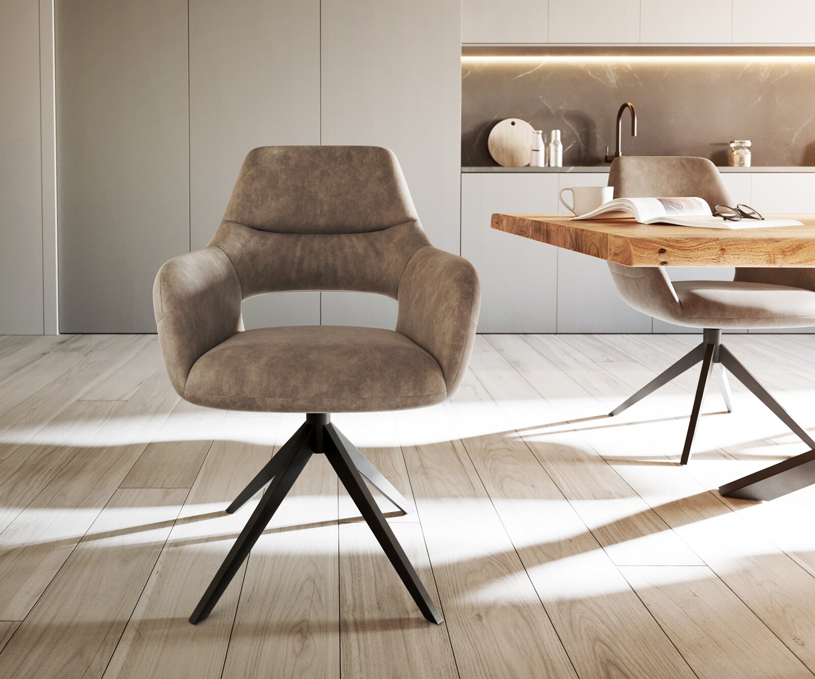 Eetkamerstoel Yago-Flex met armleuning microvelours taupe vintage kruisframe breed zwart pocketveer kern 1 Eetkamerstoel Yago-Flex met armleuning microvelours taupe vintage kruisframe breed zwart pocketveer kern 1