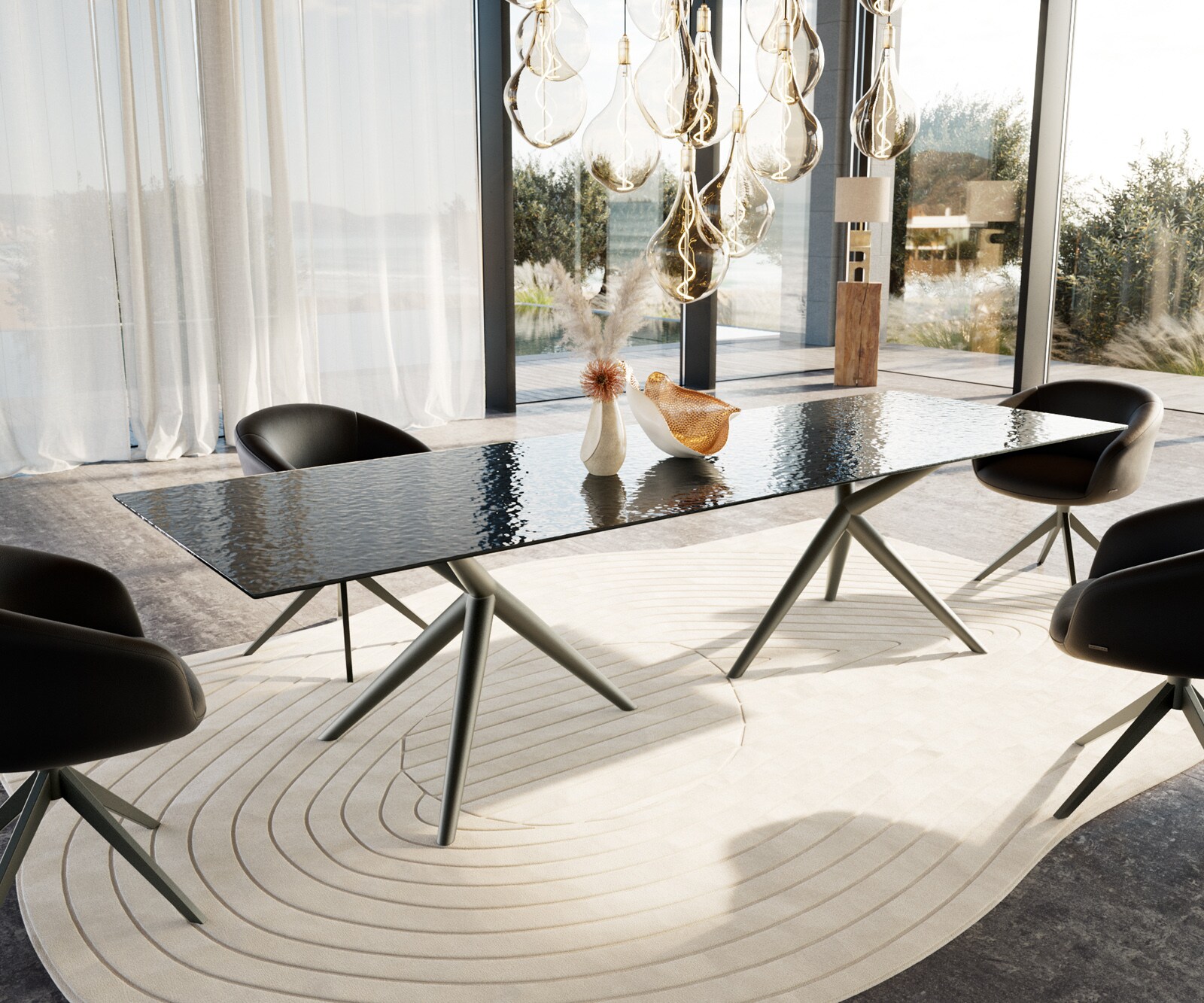 Eettafel Edge 300x100 Reliefglas zwart 3D-Design Estelar rond  metaal effectafwerking titaan