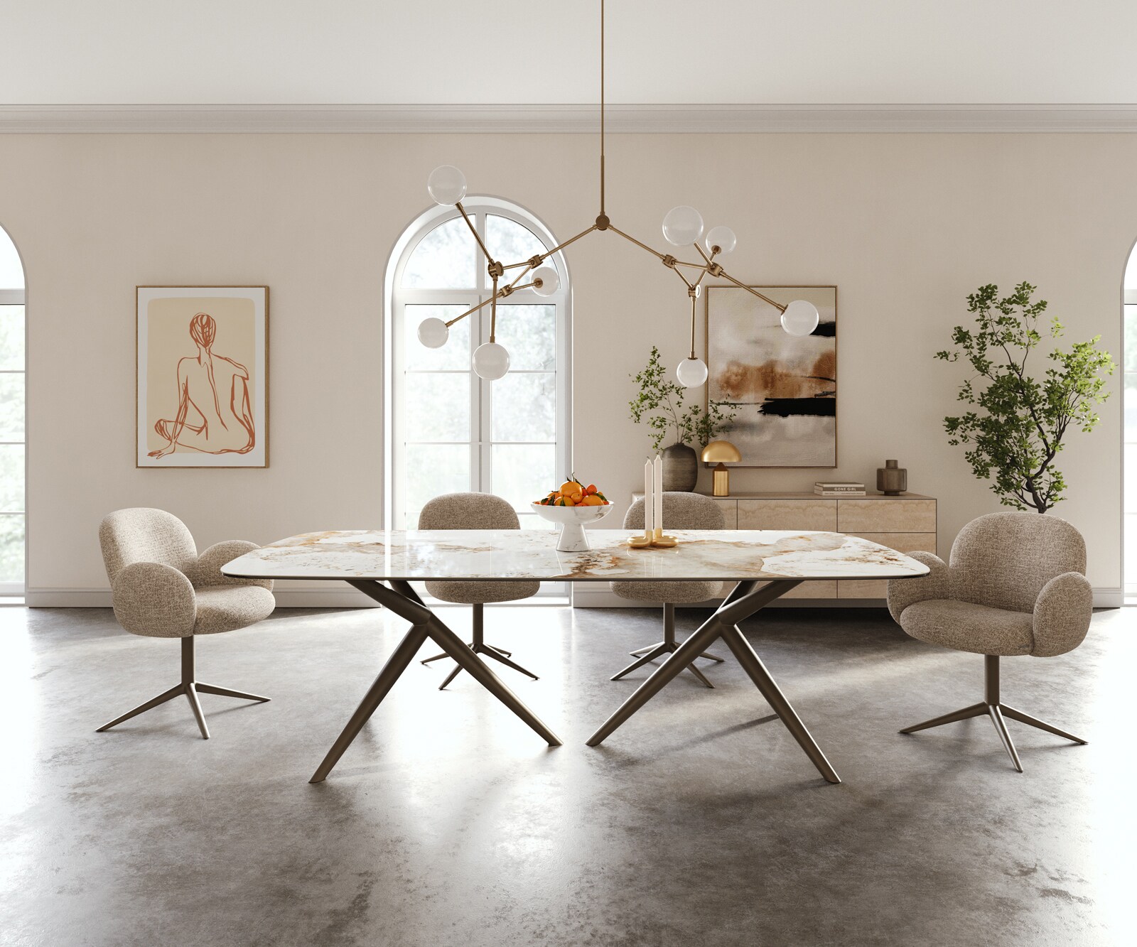 Eettafel Edge Boot 240x120 cm Keramiek Minas Melange Wit-Beige Estelar rond Metaal Effectafwerking Titan 2