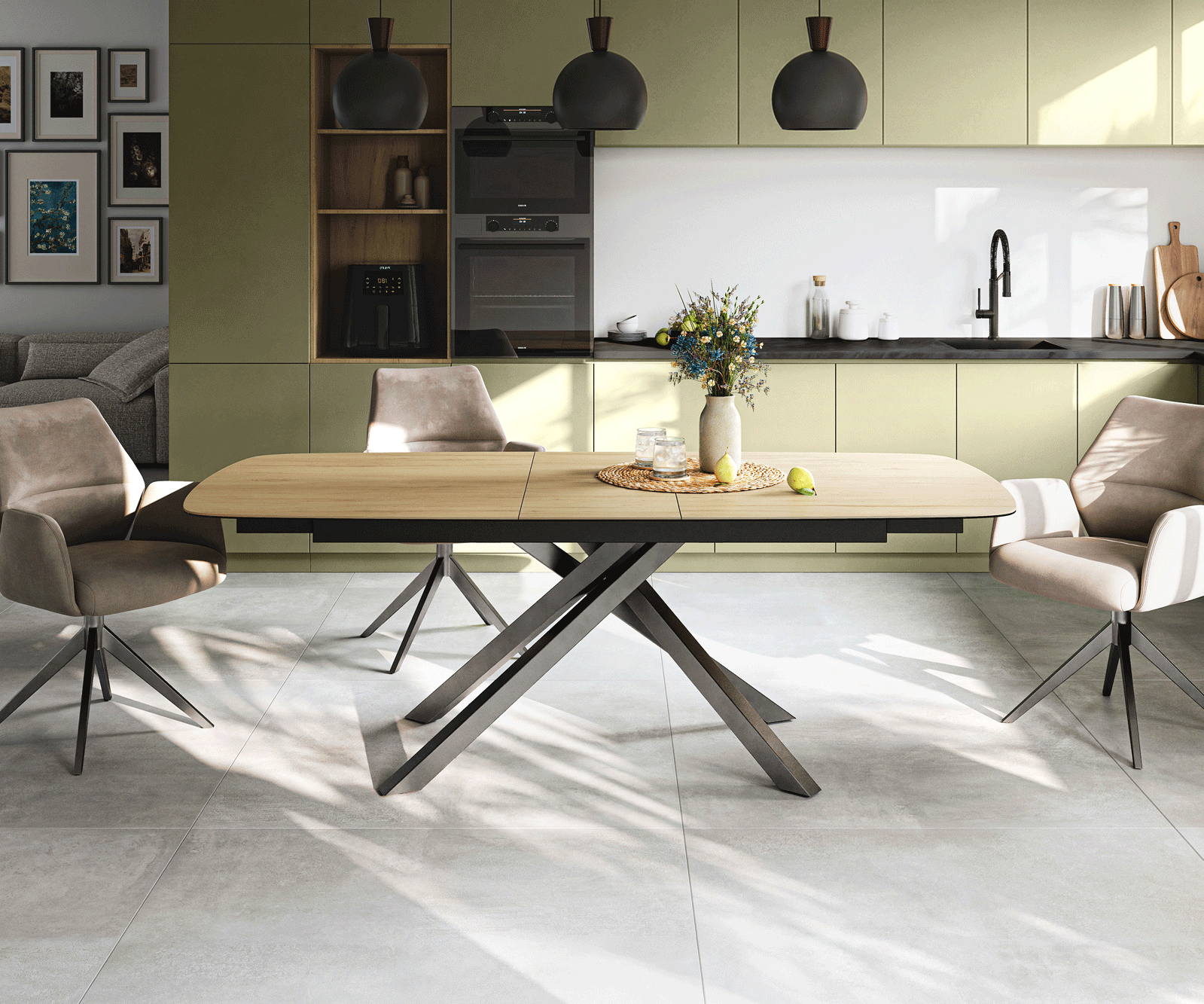 Eettafel Edge Boot 180-220x100 cm Keramiek Laminam® Sabbia Eichefarbig kruisonderstel Rechthoek Roestvrij staal Grafiet uitschuifbaar 2