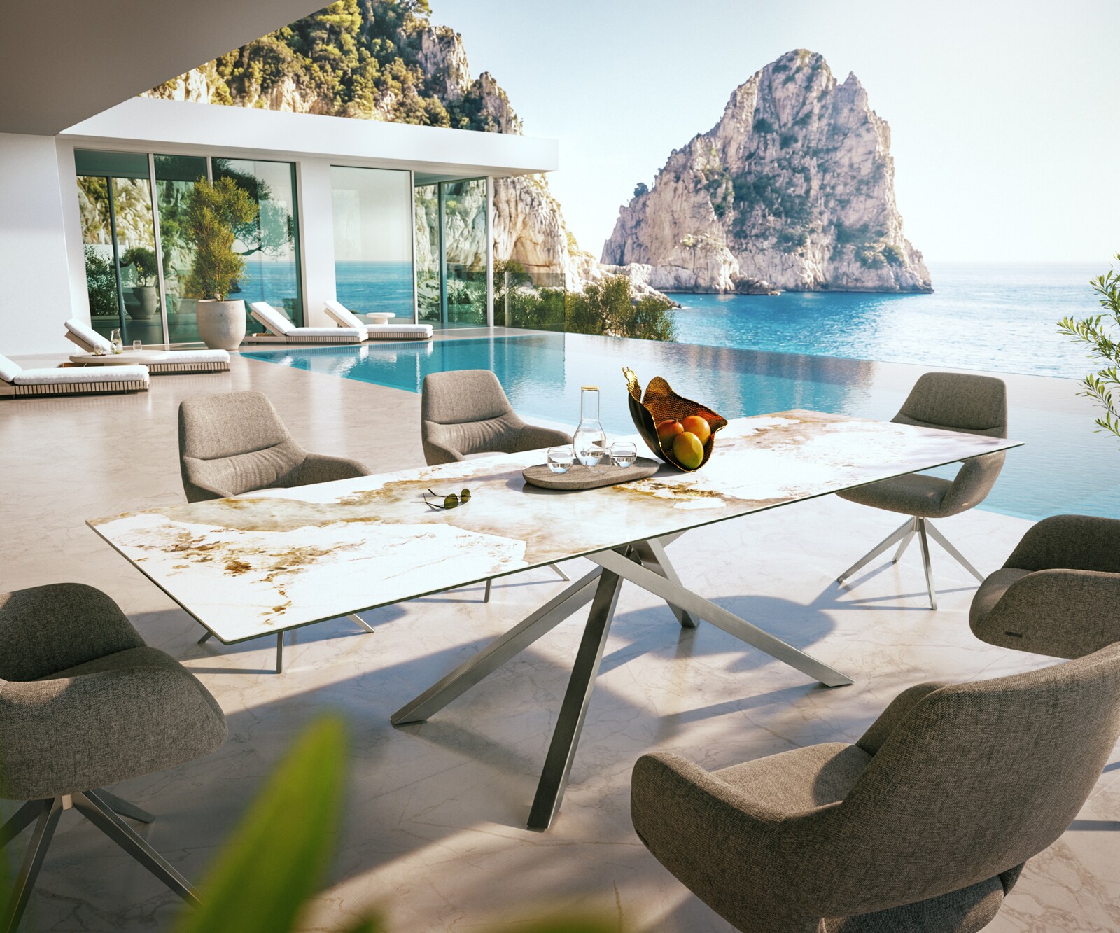 Outdoortafel Edge 300x100 cm keramiek Minas Melange wit-beige kruispoot rechthoekig roestvrij staal 1