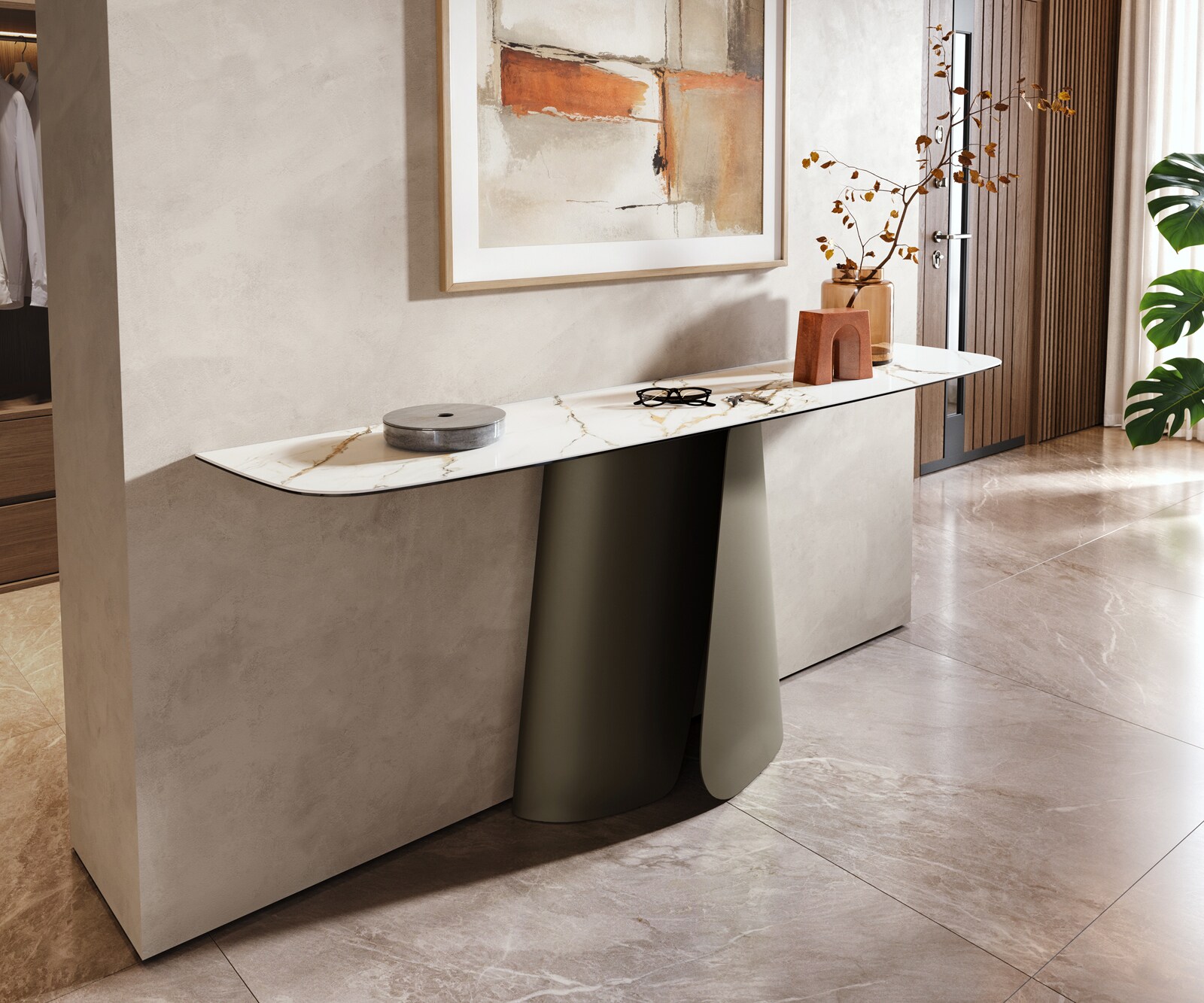 Consoletafel Edge Bootvorm 180x40 cm Keramiek Calacatta Luxe Weiß-Gold-Grijs Livos Metaal Effektfinish Titan 4