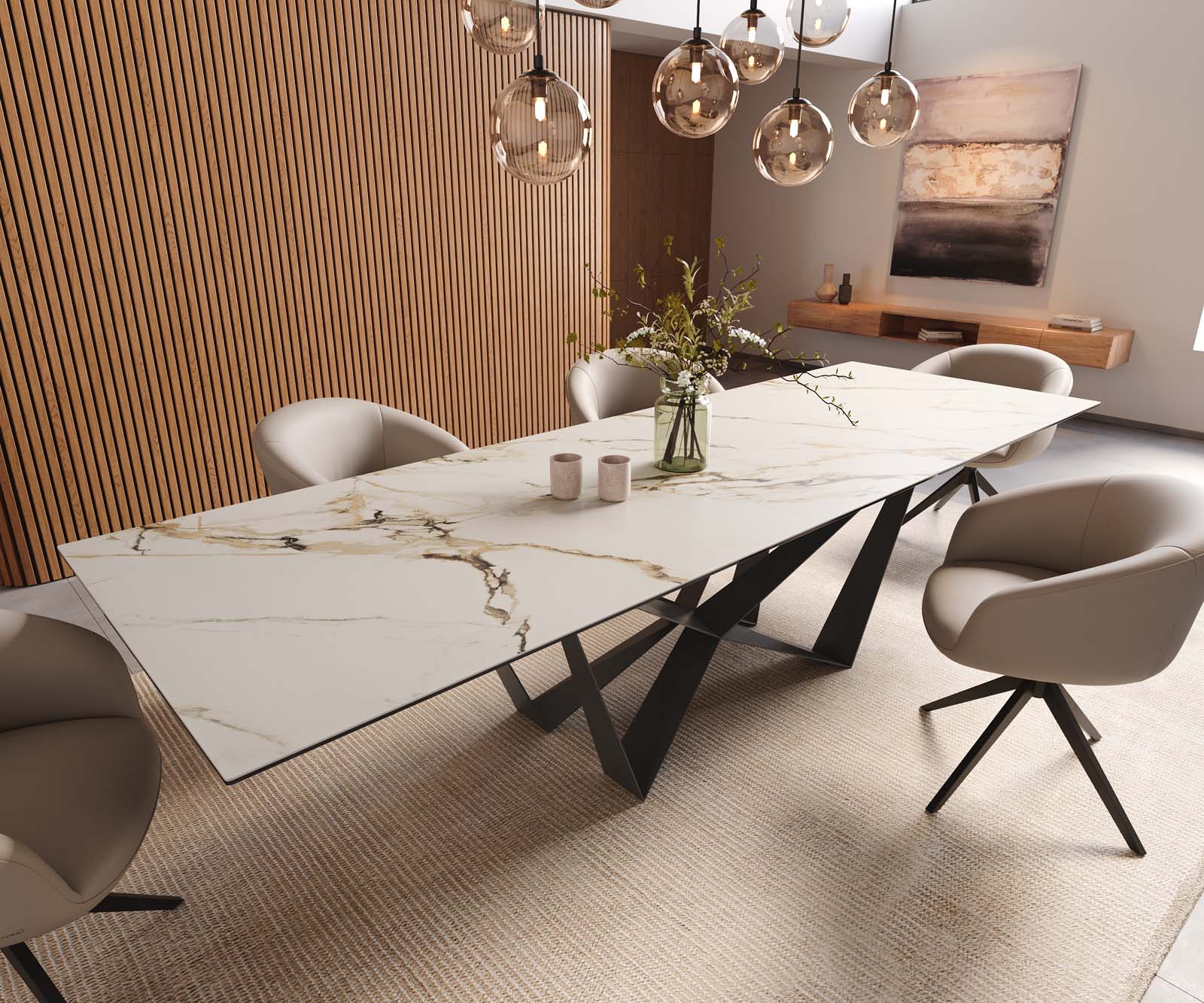Eetkamertafel Edge 300x100 keramiek Calacatta Luxe wit-goud-grijs spider vlak staal zwart 1