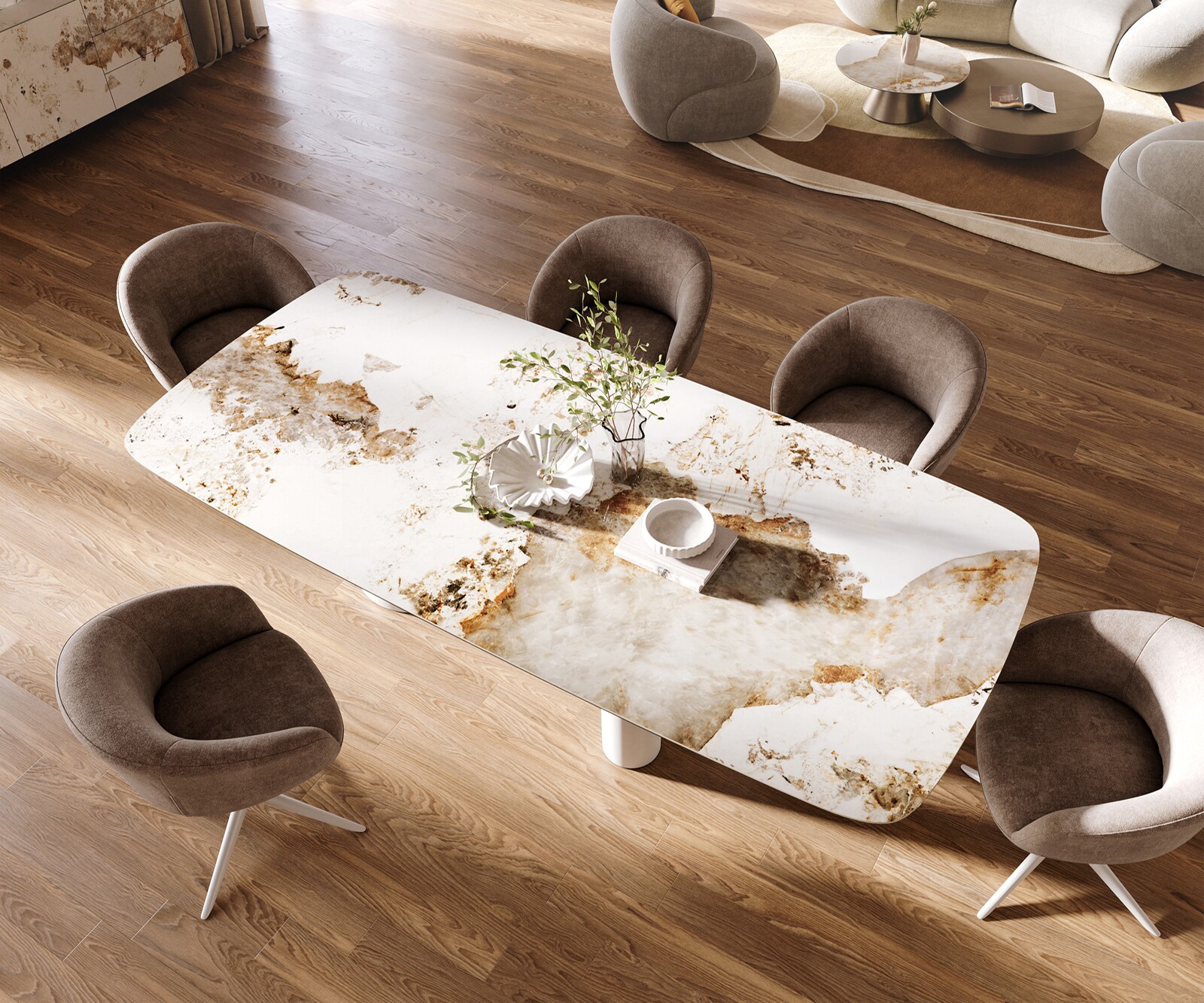 Eettafel Edge Boot 260x120 cm Keramiek Minas Melange Wit-Beige Troa Metaal Wit 3