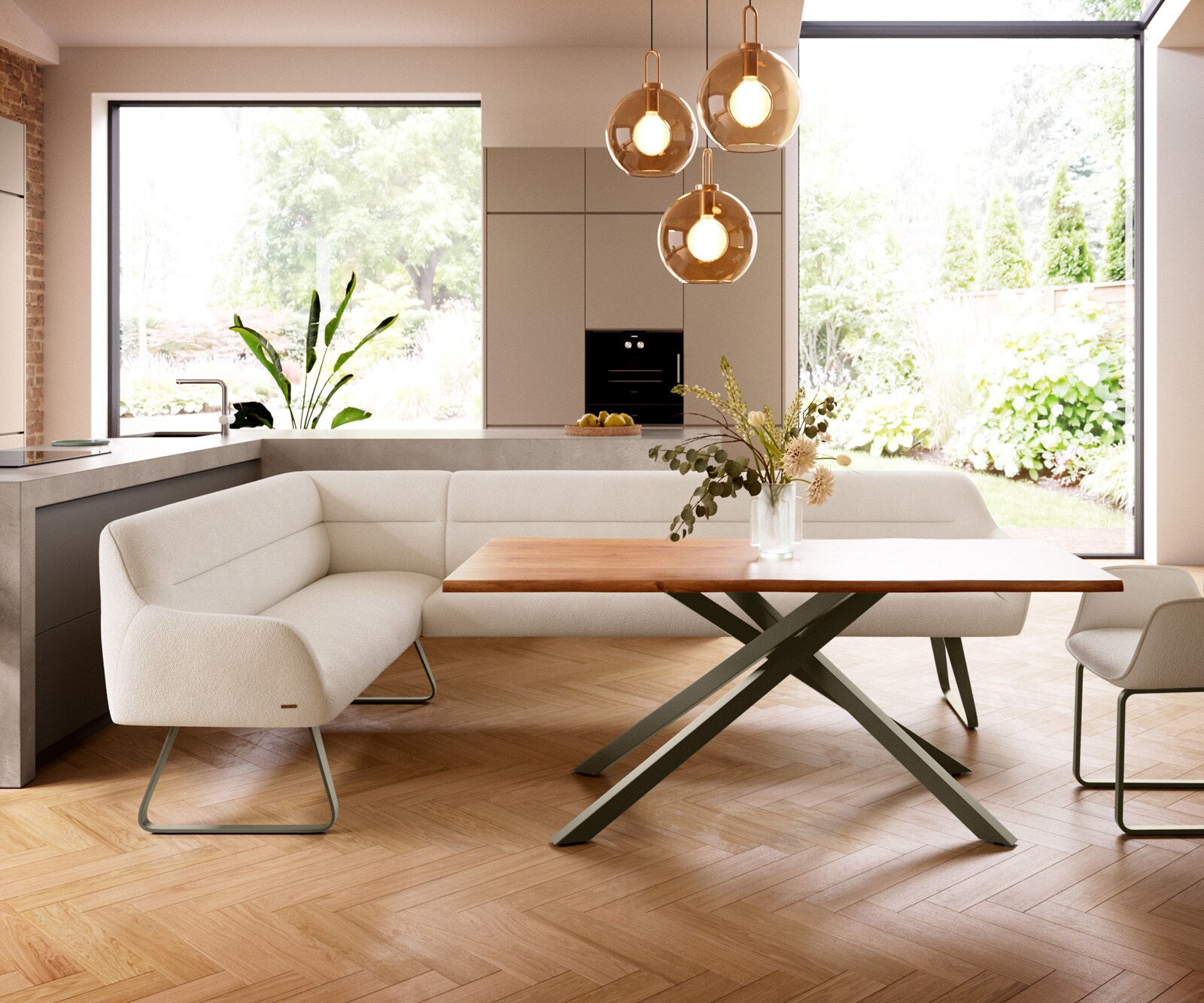 Eetkamerbank Taya-Flex 285x190 cm bouclé crème-wit platte sledebasis afwerking met titaniumeffect pocketvering rechts 2