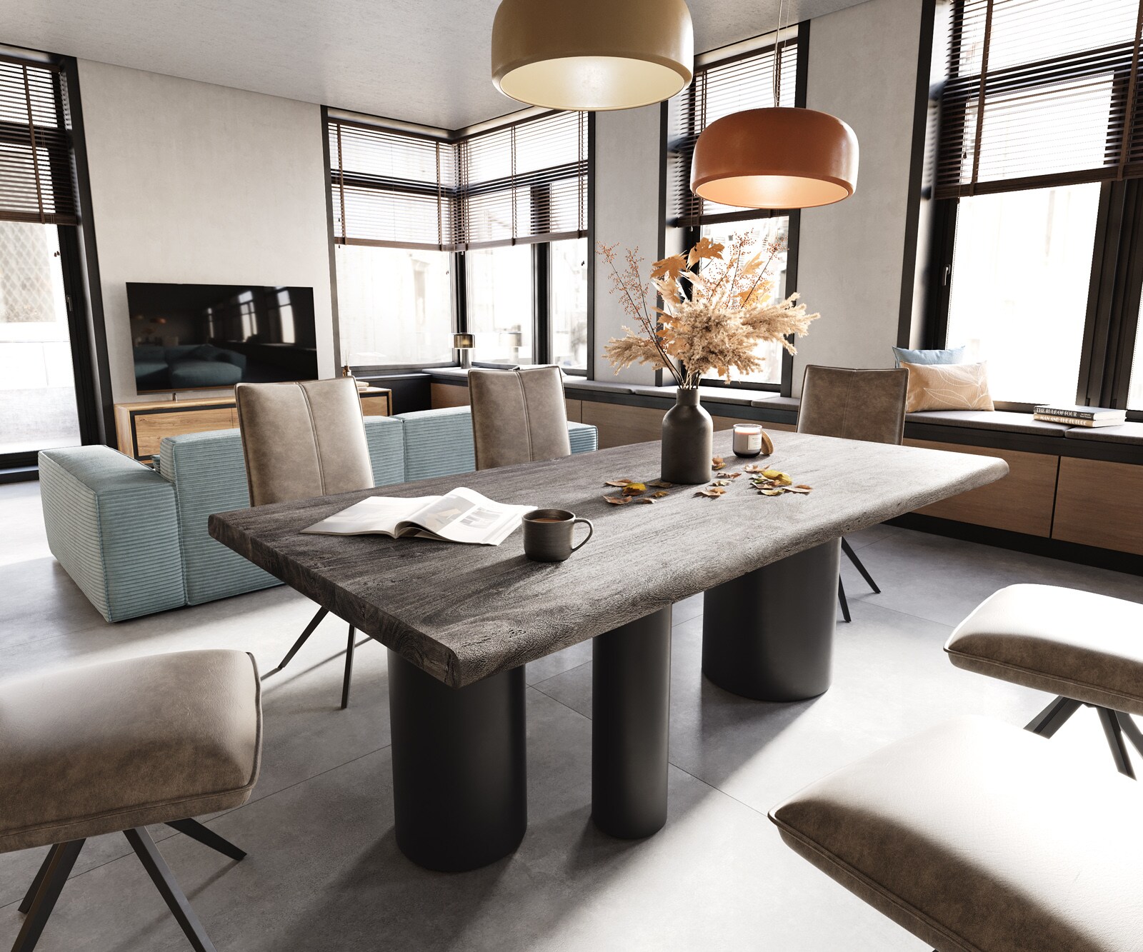 Eettafel Edge 200x100 XL acacia Platin Troa metaal zwart Live-Edge