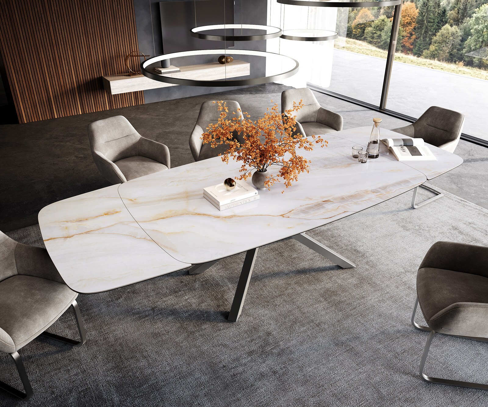 Eettafel Edge Boot 200-300x120 cm Keramiek Onyx Pearl kruisonderstel Rechthoek Roestvrij staal uitschuifbaar 4
