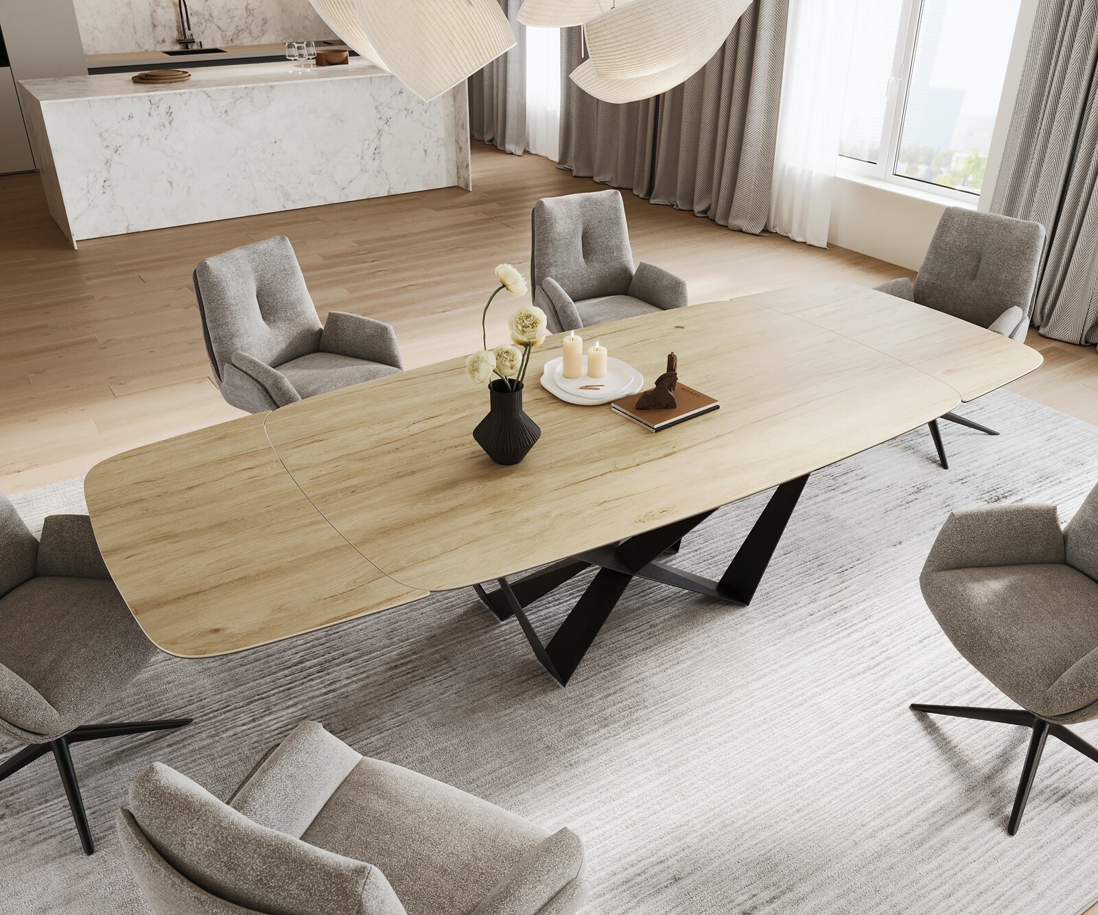 Eettafel Edge Boot 200-300x120 cm Keramiek Laminam® Sabbia Eichefarbig Spider Flachstahl Zwart uitschuifbaar 4