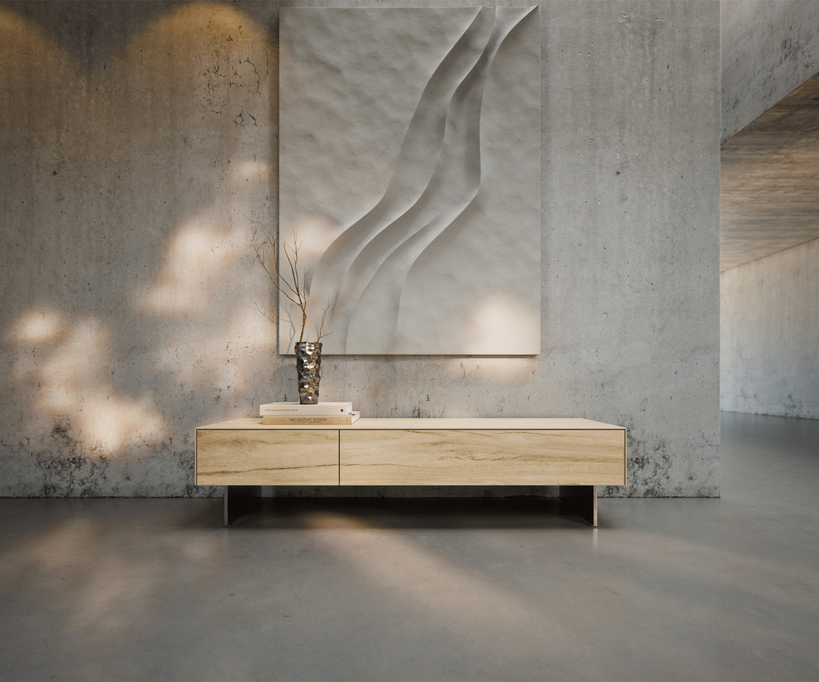 Tv-meubel Cuor 150 cm Keramiek Laminam® Sabbia Eiken gekleurd 1 Flap 1 Lade Zwevende voet look Roestvrij staal 1