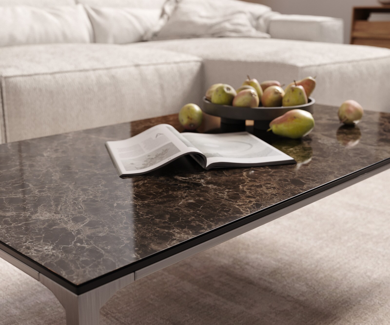 Salontafel Levente 110x60 cm Keramiek Emperador Extra Lucidato Donkerbruin Onderstel roestvrij staal zilver 5