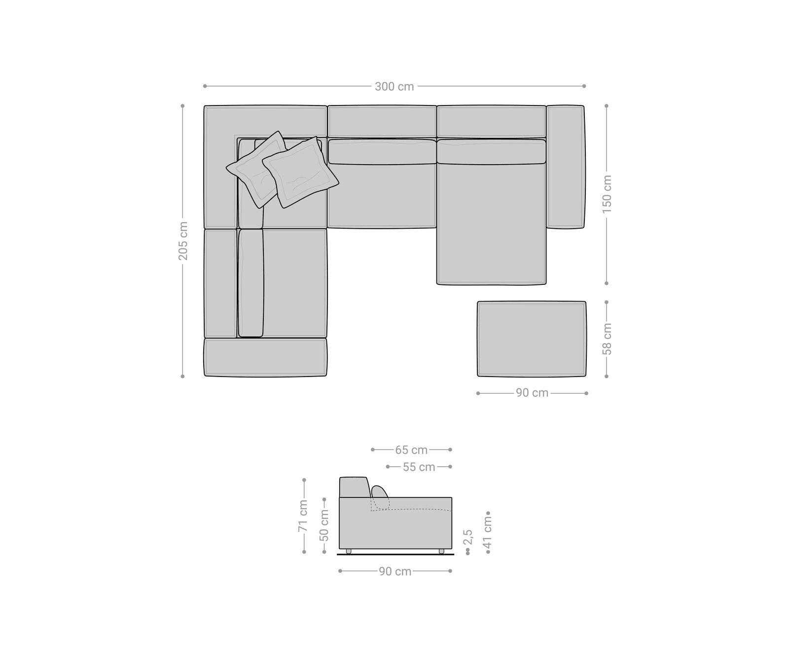 Woonkamer landschap Sirpio 300x200 cm bouclee crème-wit recamiere variabele met kruk 7