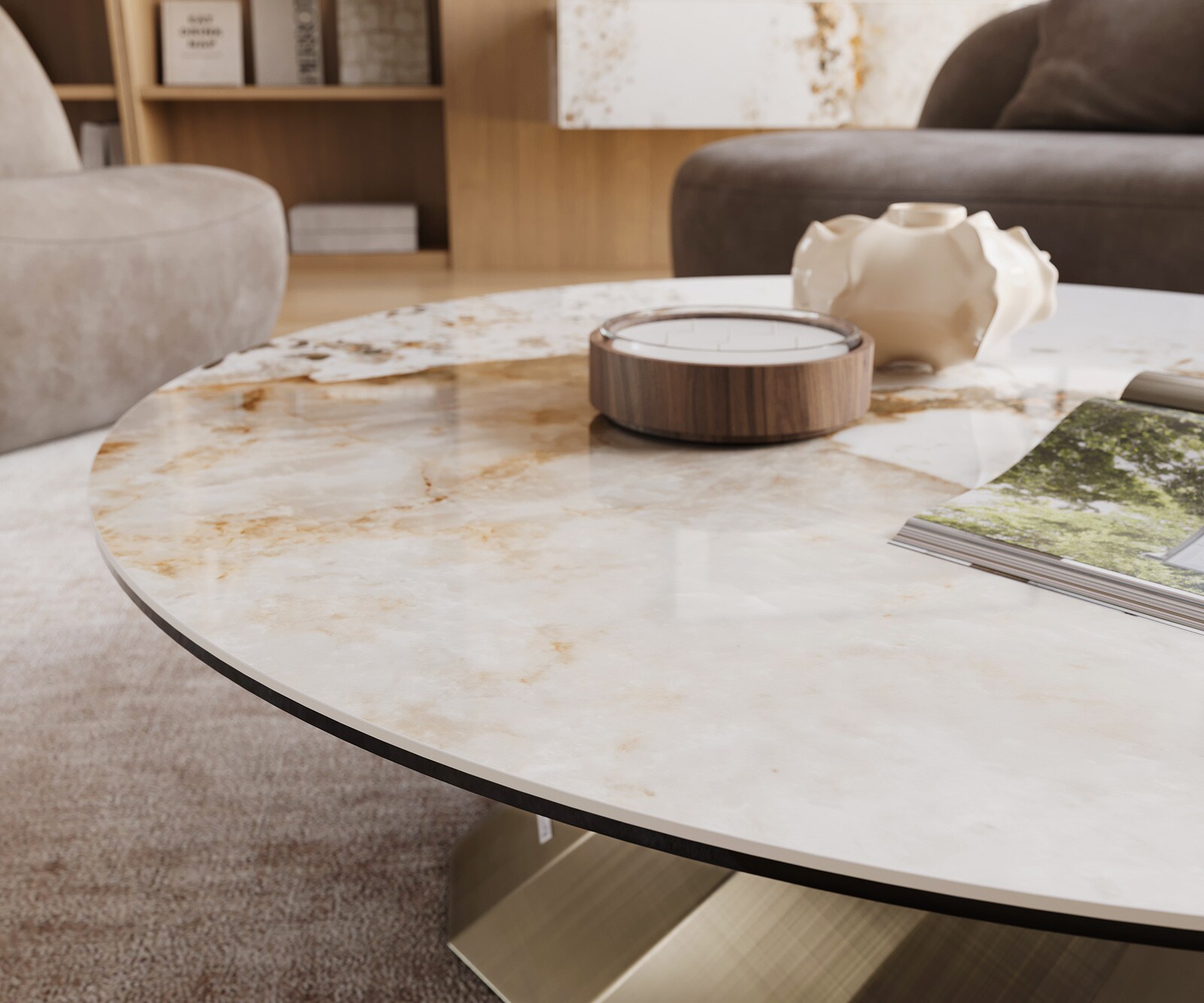 Salontafel Edge rond 100x100 cm keramiek Minas Melange Parabi metallic goud 6