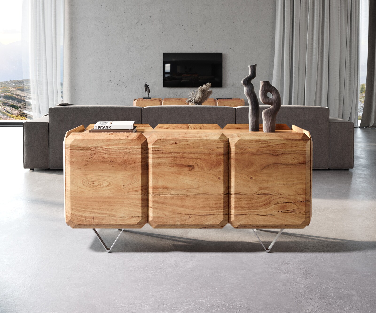 Sideboard Kiano 145 cm Acacia Natuur 3 Deuren V-voet Edelstaal Roomdivider 1 Sideboard Kiano 145 cm Acacia Natuur 3 Deuren V-voet Edelstaal Roomdivider 1