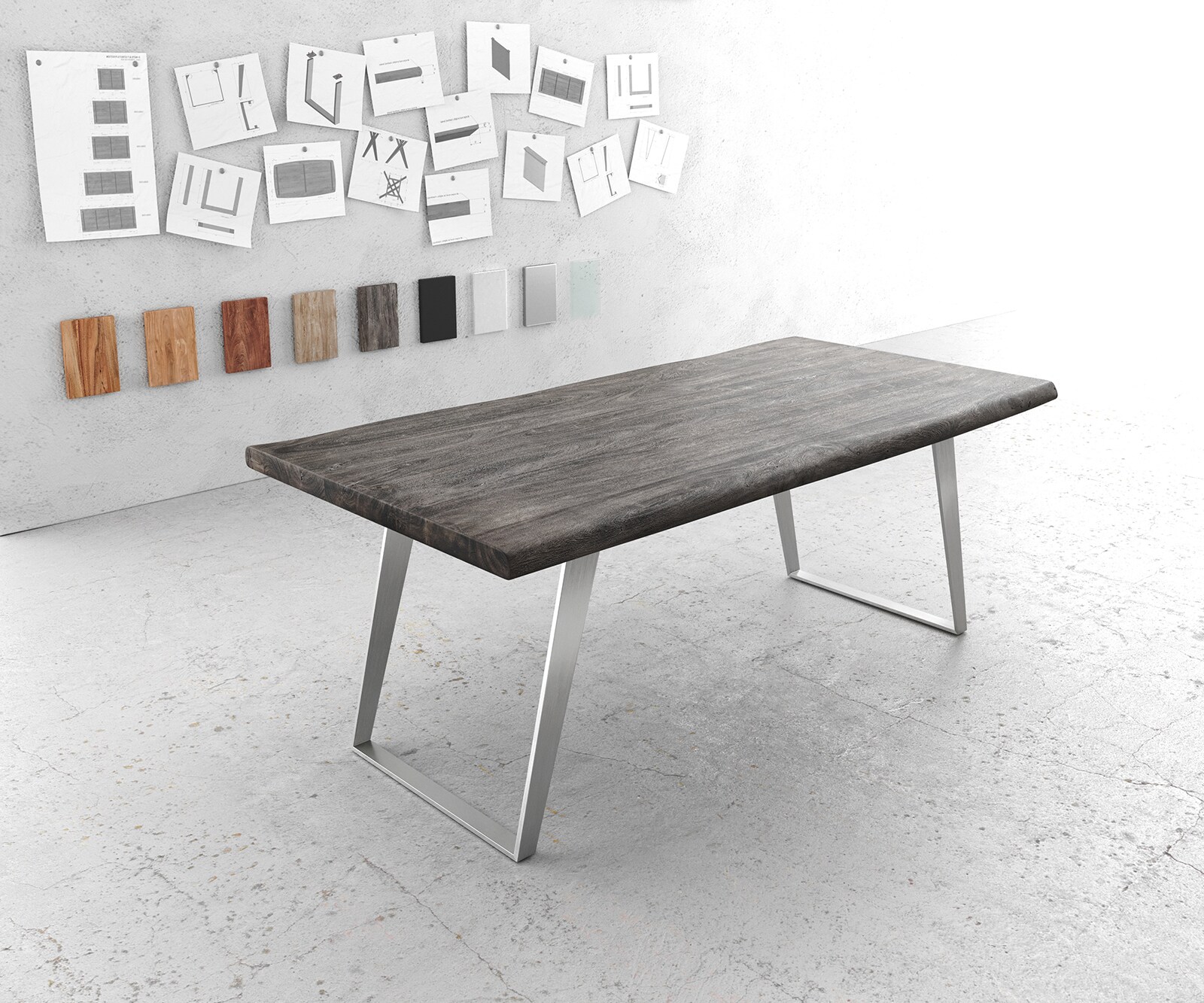 Eettafel Edge 200x100cm XL acacia platina roestvrijstaal zilver schuin Live-Edge 1