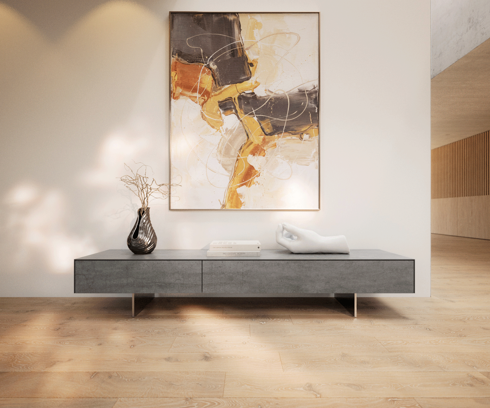 Tv-meubel Cuor 200 cm Keramiek Beton Grijs 1 Flap 1 Laden Zwevende voet look Roestvrij staal 2