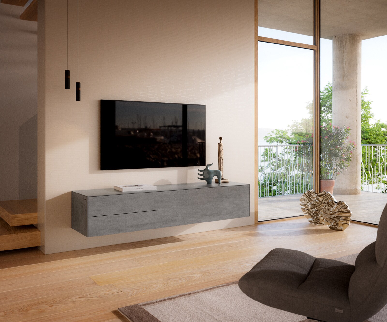 Tv-meubel Cuor 180 cm Keramiek Beton Grijs 1 Flap 2 Laden Zwevend 1