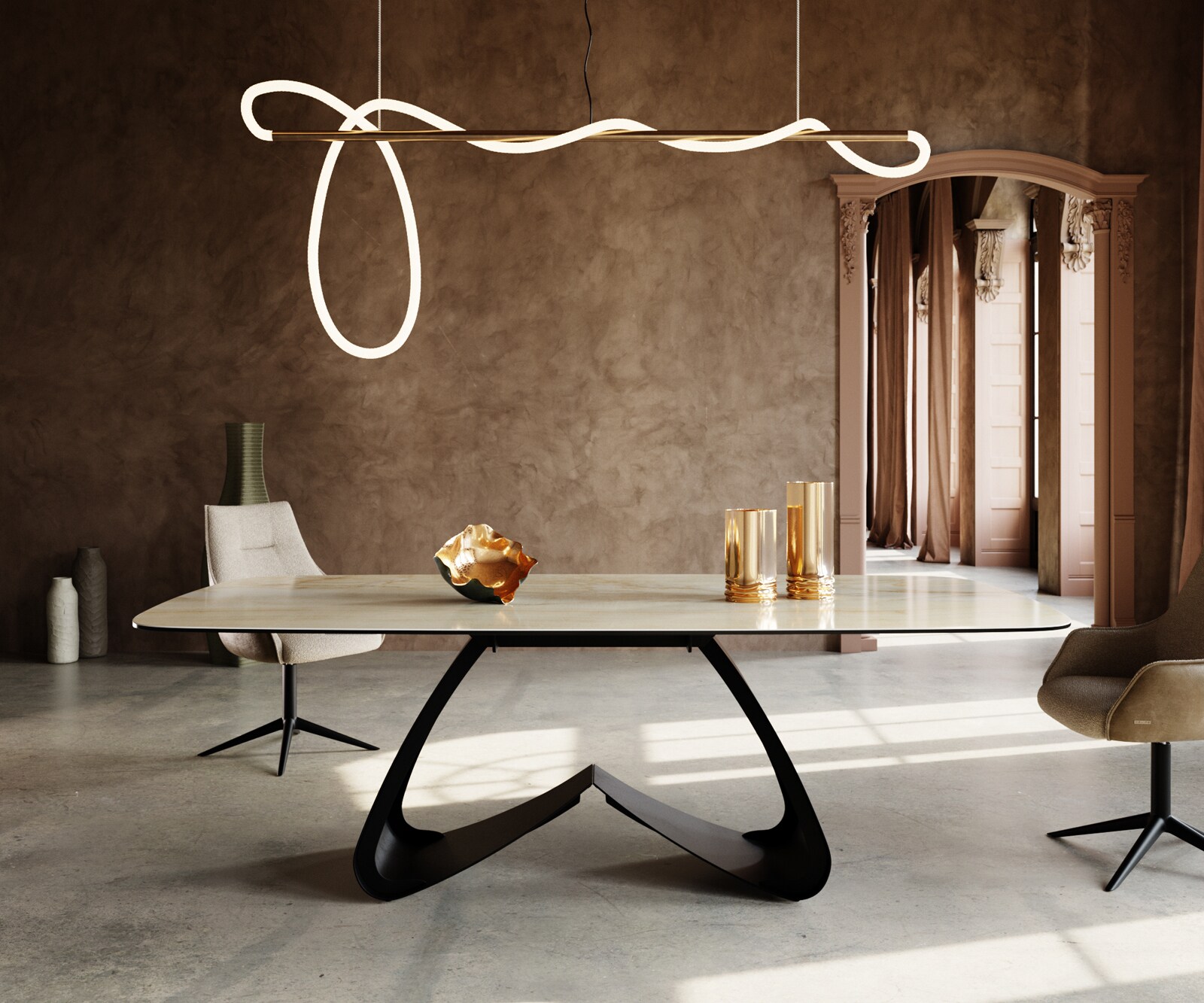 Eetkamertafel Edge Boot 240x120 cm Keramiek Iris FMG Onice Oro W-onderstel Metaal Zwart 1