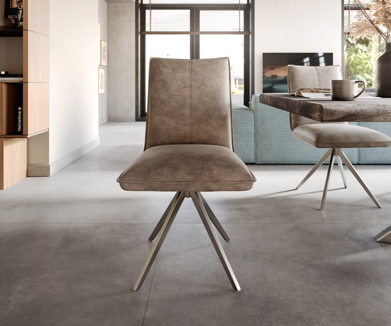 Eetkamerstoel Lelio-Flex microvelours taupe vintage kruisframe breed roestvrij staal pocketveer kern 1