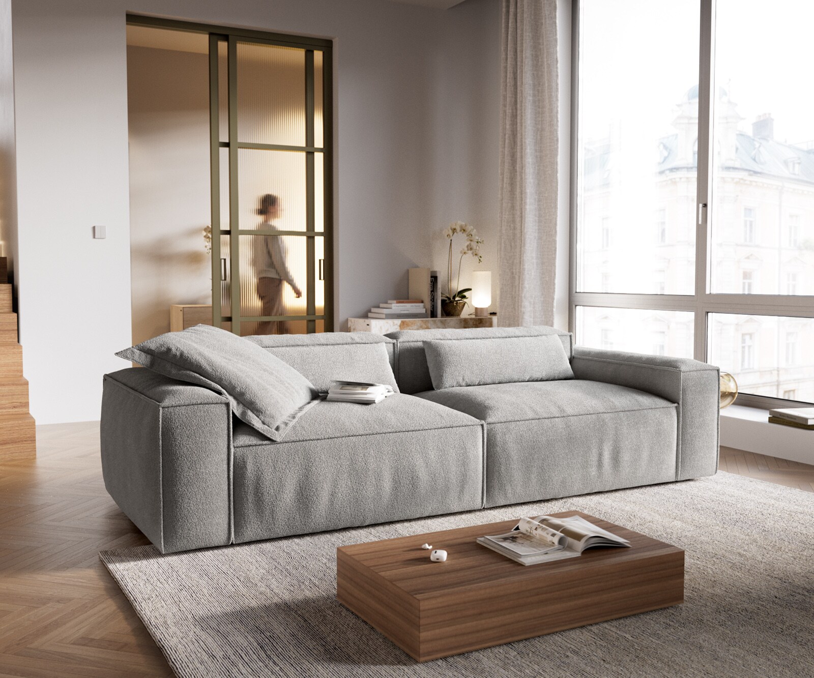 Bigsofa Freestyle 280x110 cm Zachte stof met structuur Grijs kedernaad