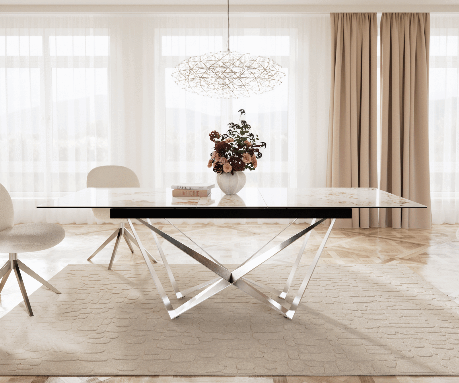 Eetkamertafel Edge 180-220x100 keramiek Minas Melange wit-beige spider vlak staal RVS uitschuifbaar 1