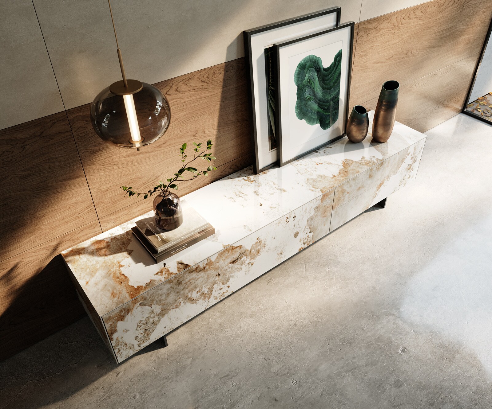 Tv-meubel Cuor 220 cm Keramiek Minas Melange Wit-beige 1 Flap 2 Laden Zwevende voet look Metaal Zwart 4