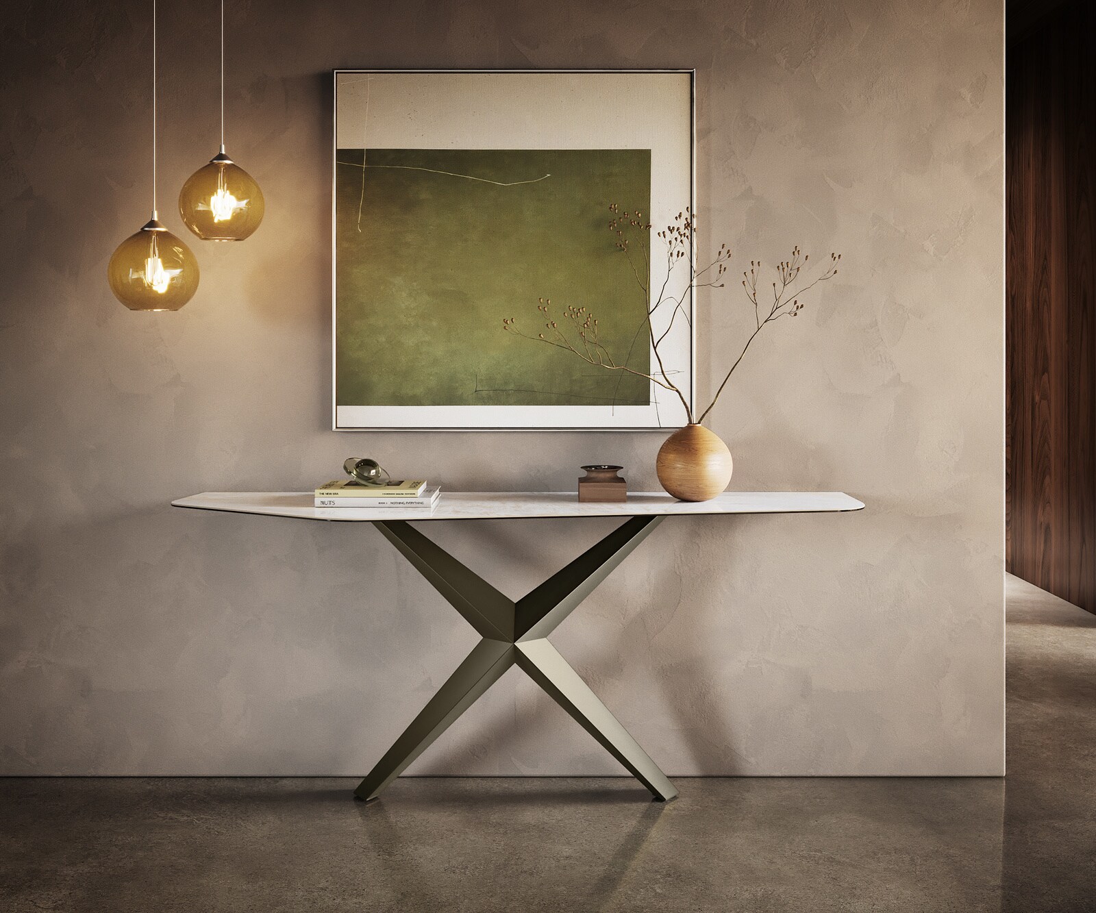 Consoletafel Edge Polygonaal 180x50 cm Keramiek Onyx Pearl Zentharo Metaal Effektfinish Titan 4