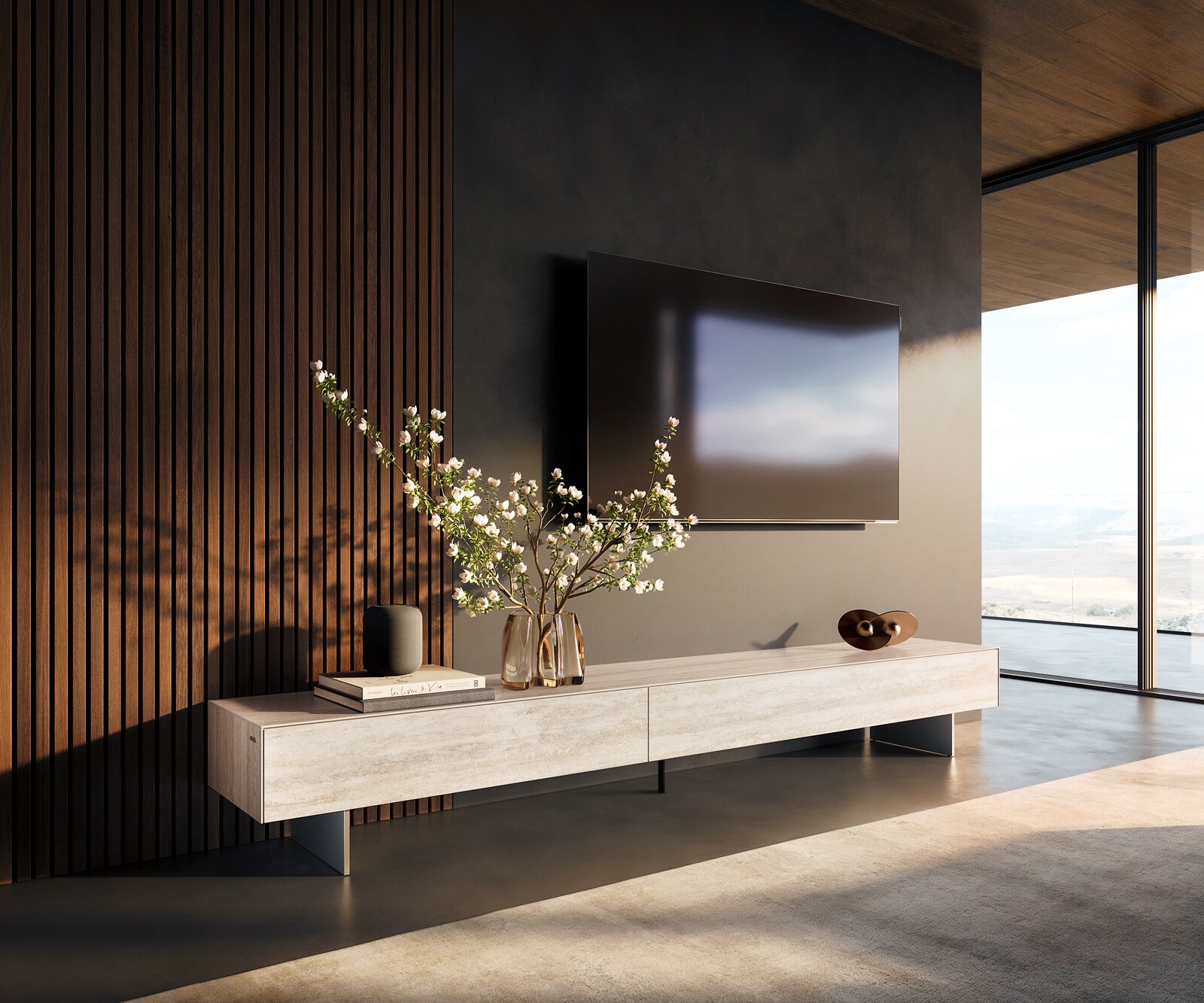 Tv-meubel Cuor 250 cm Keramiek Laminam® Travertino Bianco Crème-wit 1 Flap 1 Lade Zwevende voet look Roestvrij staal 1