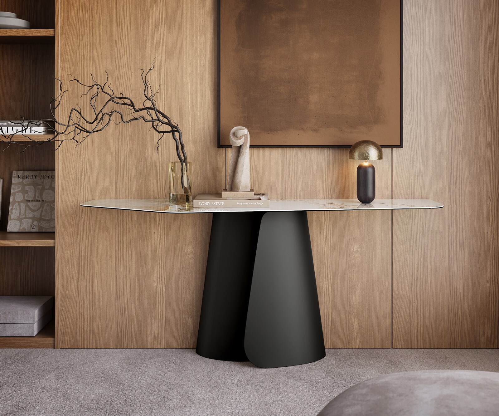 Consoletafel Edge Polygonaal 180x50 cm Keramiek Minas Melange Weiß-Beige Livos Metaal Zwart 4