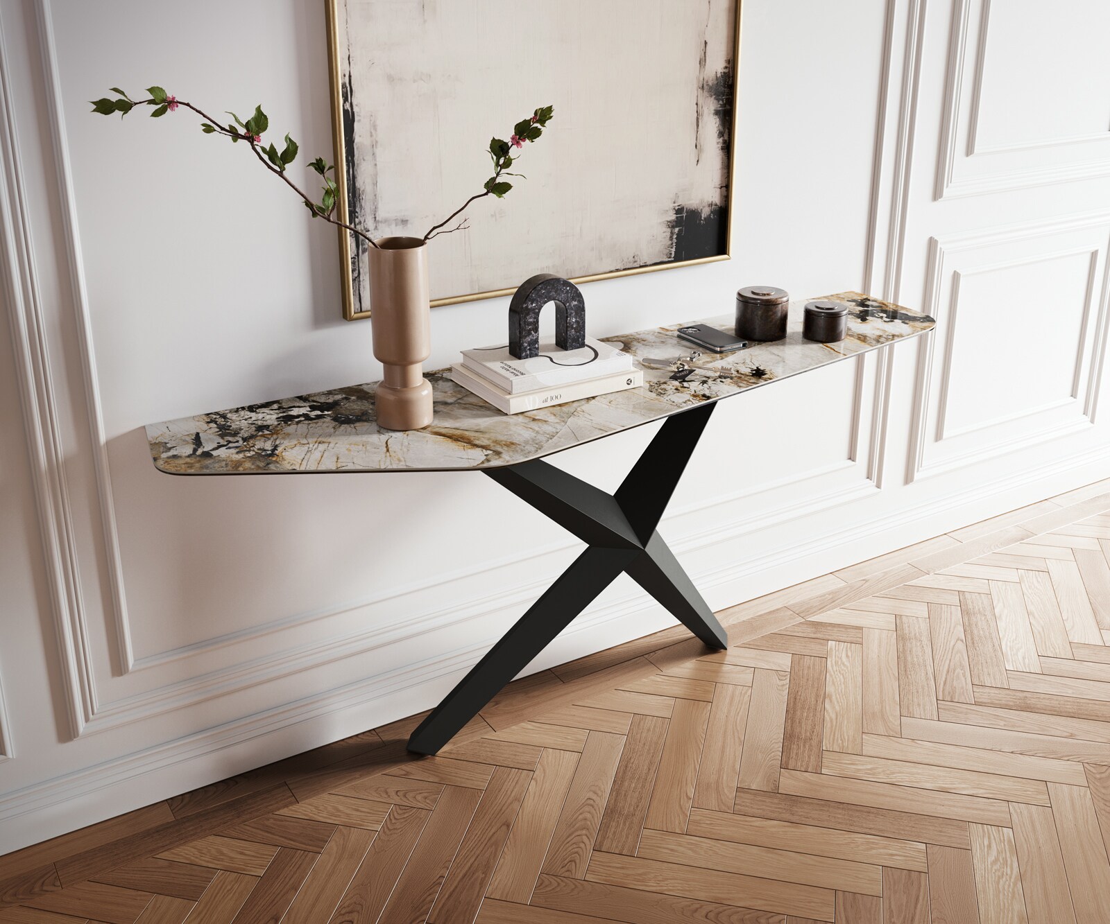 Consoletafel Edge Polygonaal 180x50 cm Keramiek Patagonia Poliert Zentharo Metaal Zwart 1