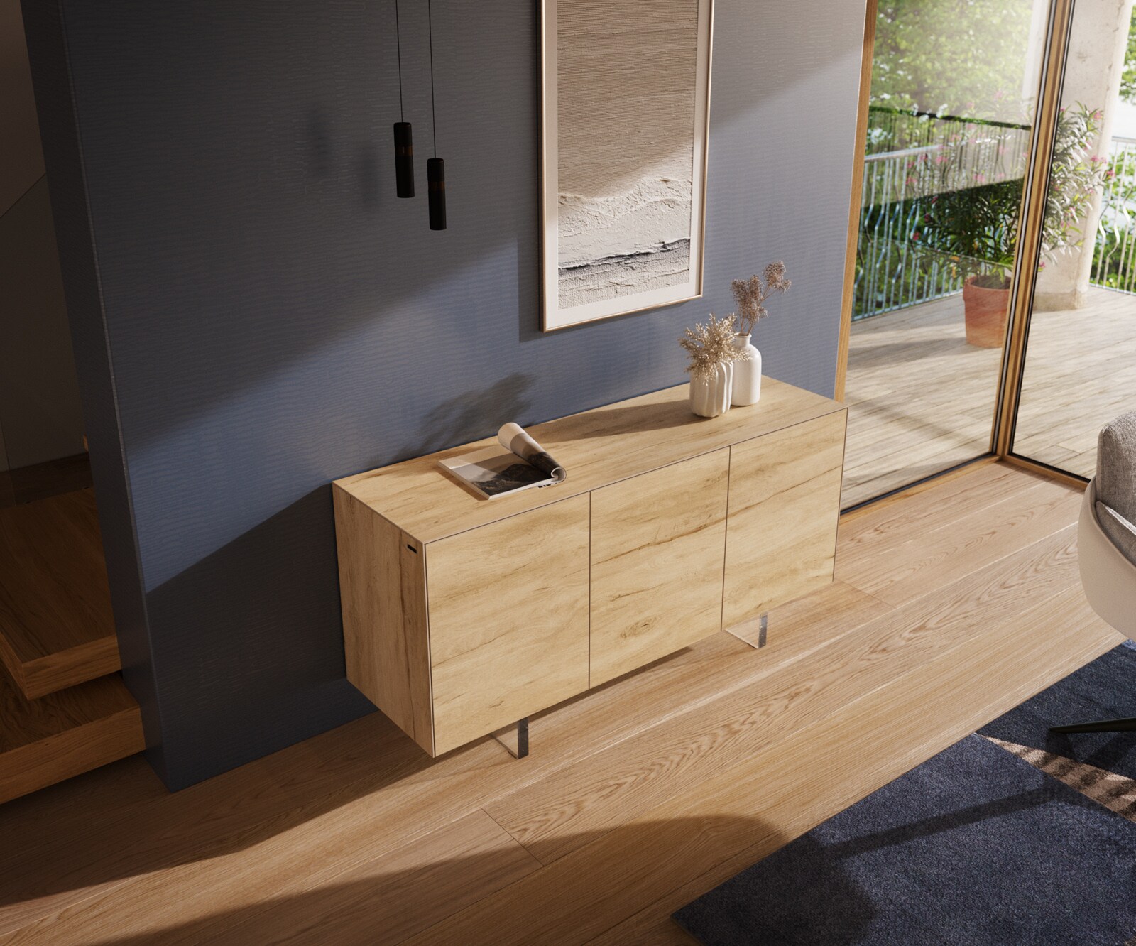Dressoir Cuor 150 cm Keramiek Laminam® Sabbia Eiken gekleurd 3 Deuren Zwevende voet look Acrylglas 4
