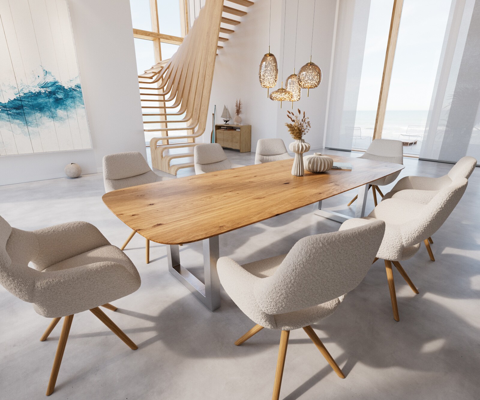 Eettafel Edge Boot 300x120x2,5-3 eiken natuur roestvrij staal  breed Schweizer Kante 5