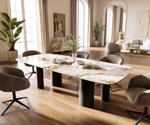 Eettafel Edge Boot 260x120 cm Keramiek Minas Melange Wit-Beige Pilier Metaal Zwart
