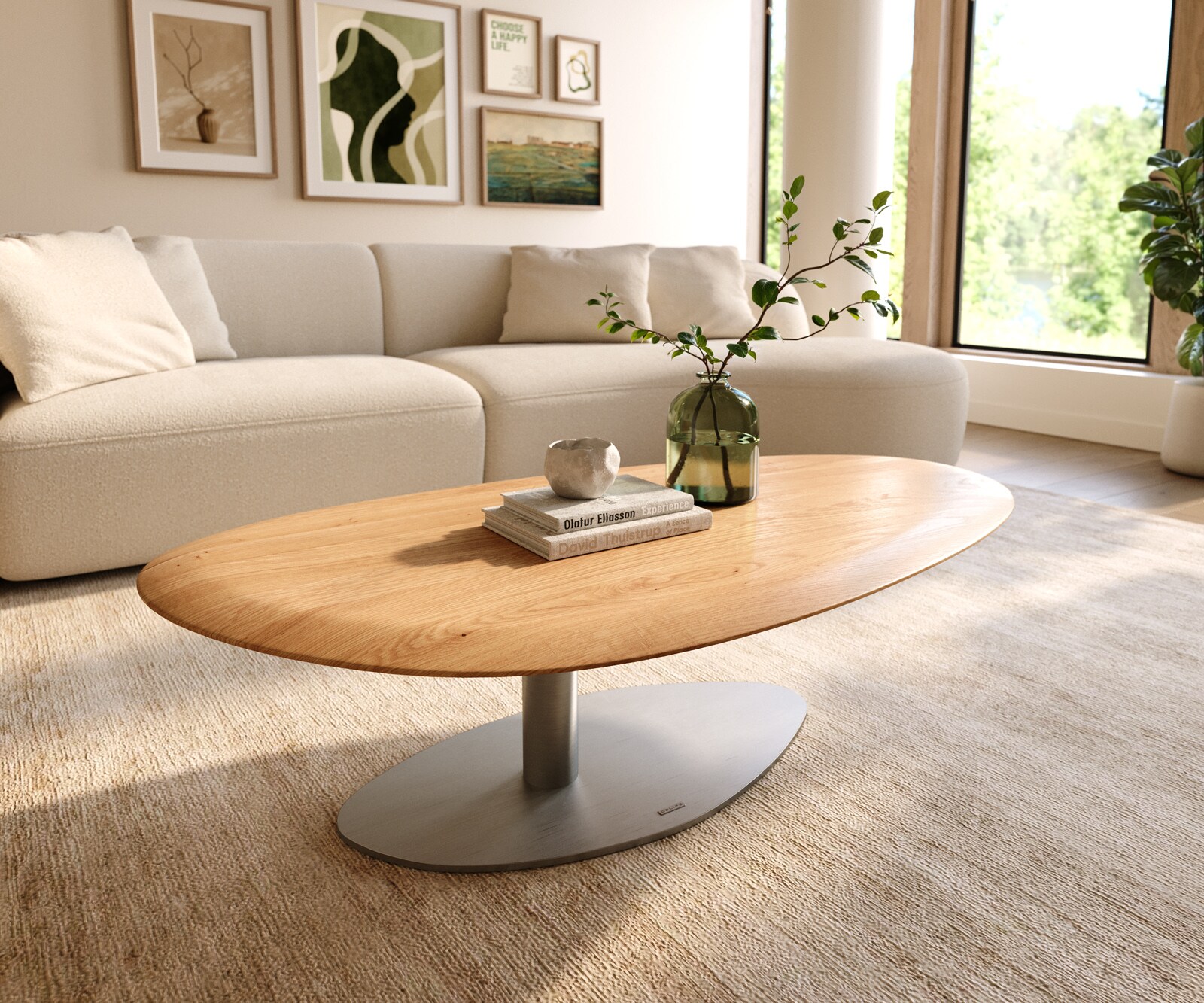 Salontafel Edge Oval 140x75 cm Eiken Naturel ronde rand Vibany geborsteld roestvrij staal