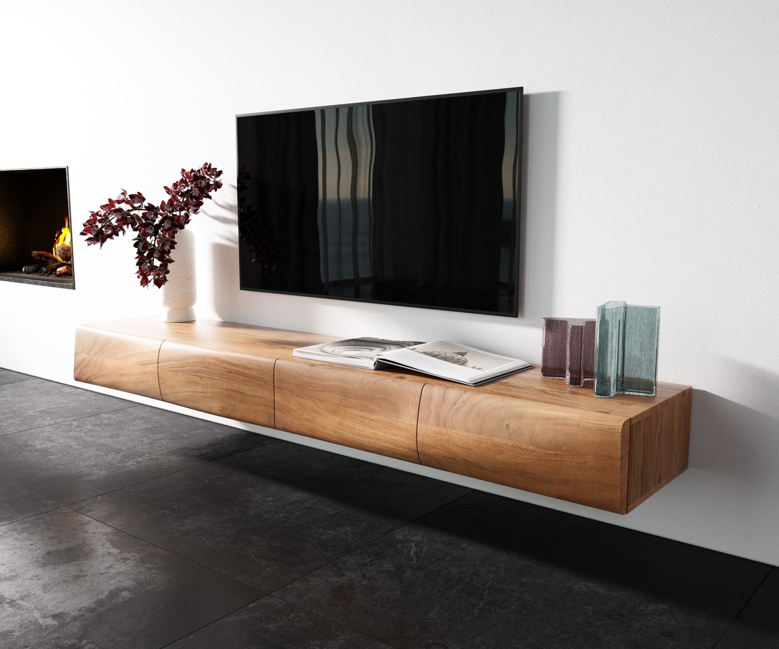 Tv-meubel New Live-Edge 200 cm acacia natuur 4 deurs zwevend