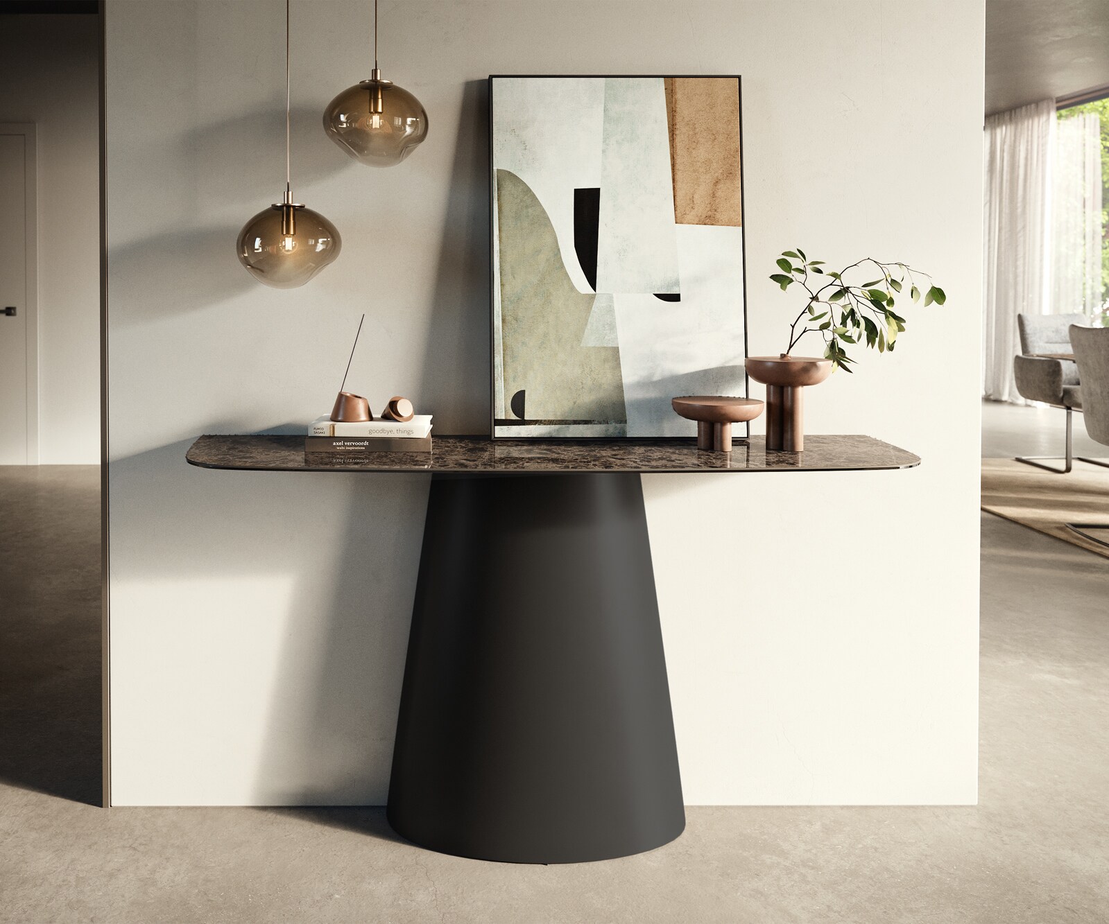 Consoletafel Edge Bootvorm 140x40 cm Keramiek Emperador Extra Lucidato Dunkelbraun Conos Metaal Zwart