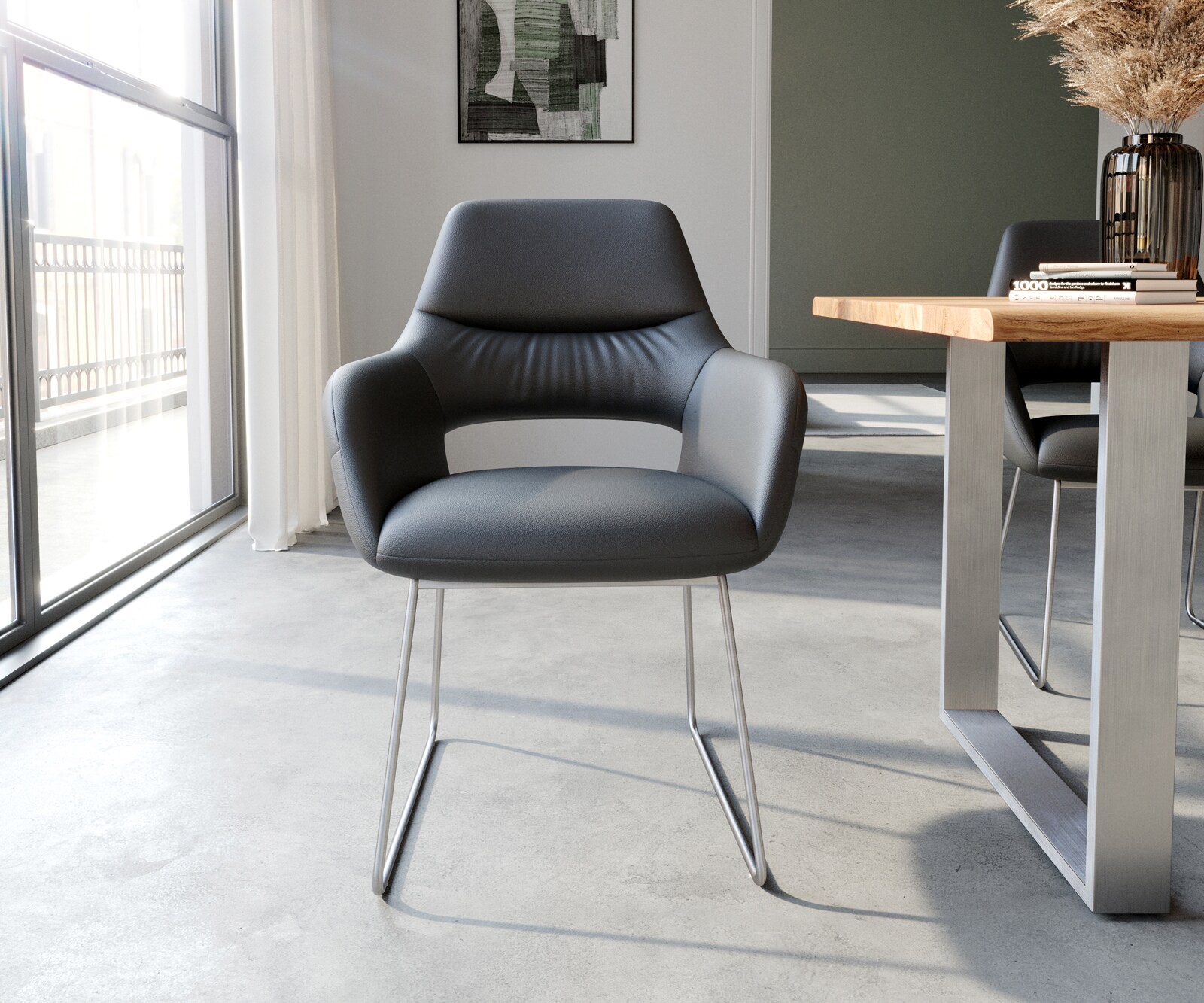 Eetkamerstoel Yago-Flex met armleuning echt leer zwart slipframe roestvrij staal pocketveer kern 1 Eetkamerstoel Yago-Flex met armleuning echt leer zwart slipframe roestvrij staal pocketveer kern 1