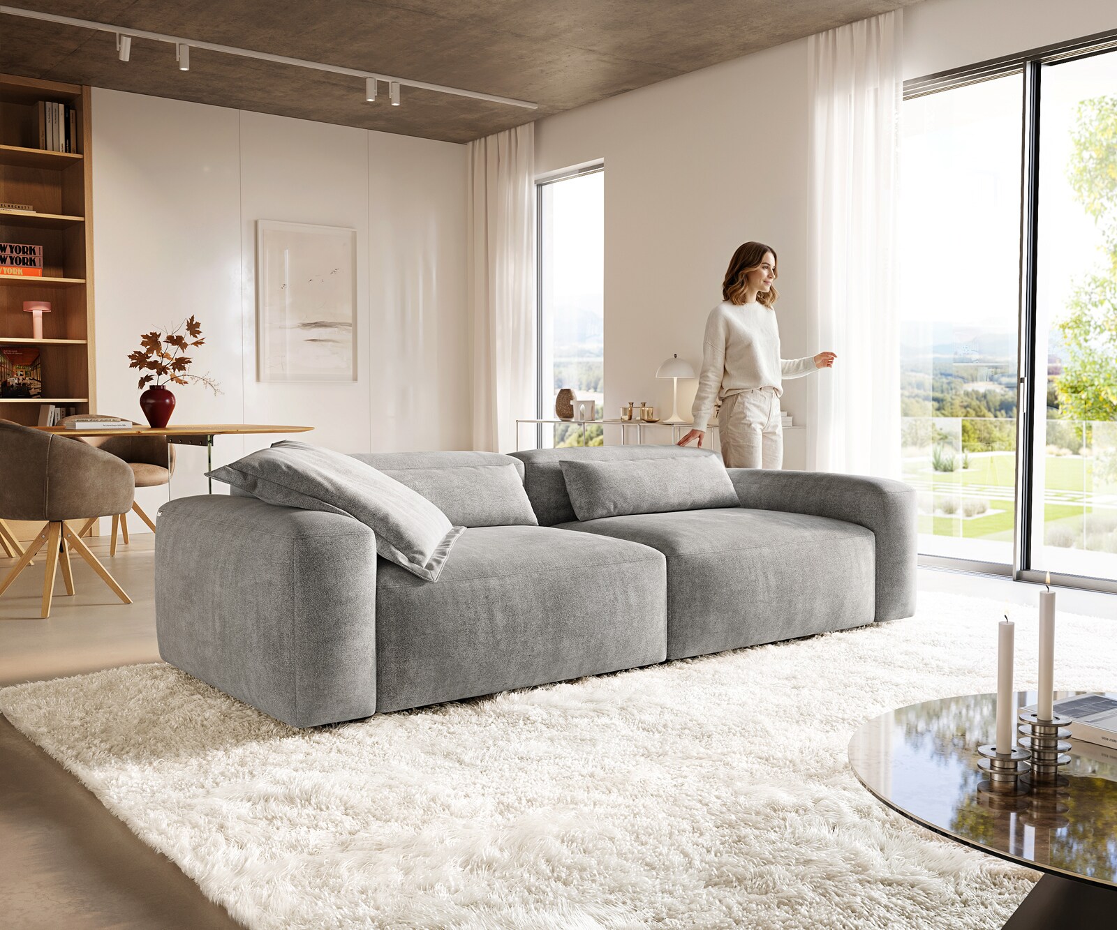 Bigsofa Freestyle 280x110 cm Zachte stof met structuur Grijs kapnaad