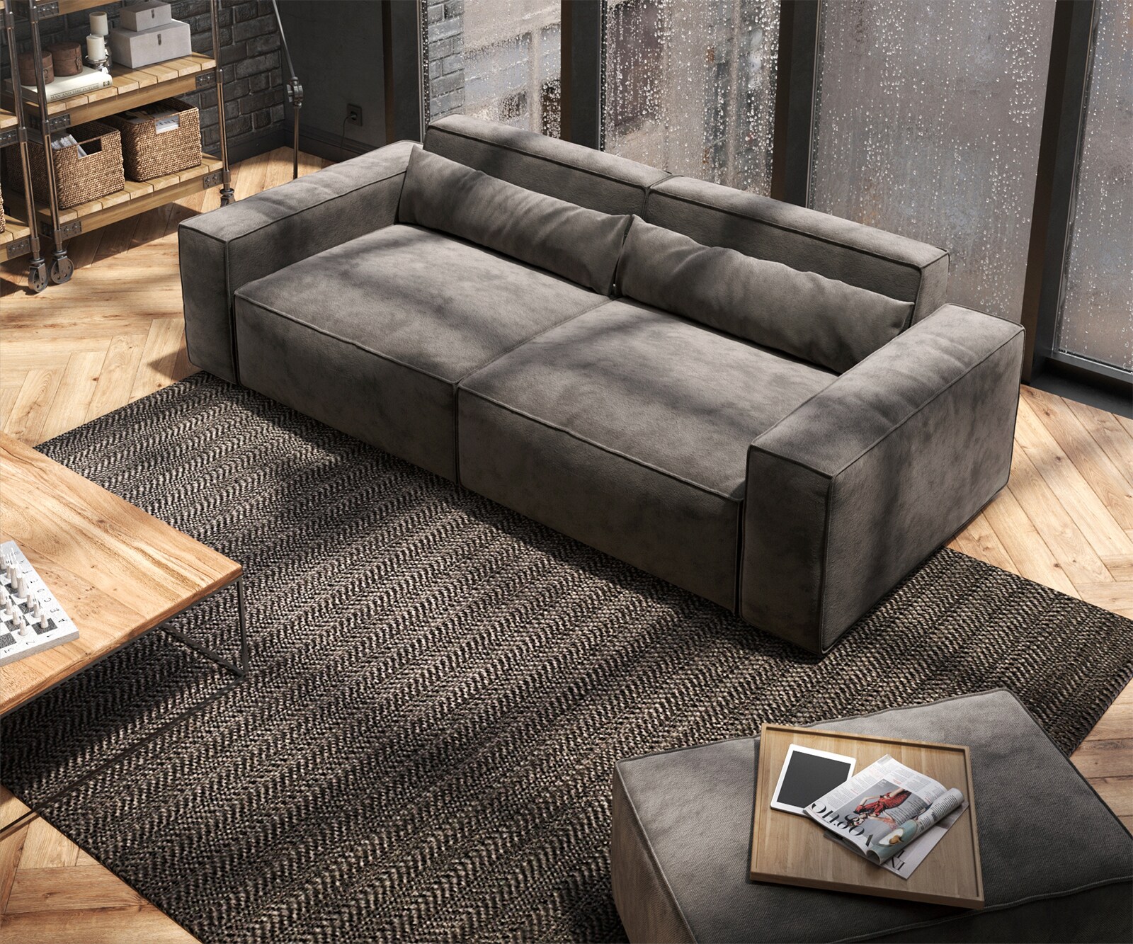 Grote bank Sirpio 230x95 cm microvezel kaki bruin met kruk 3